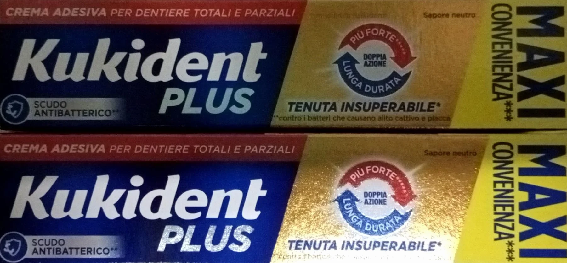 Kukident Plus Doppia Azione MAXI Crema Adesiva Dentiere Totali Parziali, 2 x 65 g