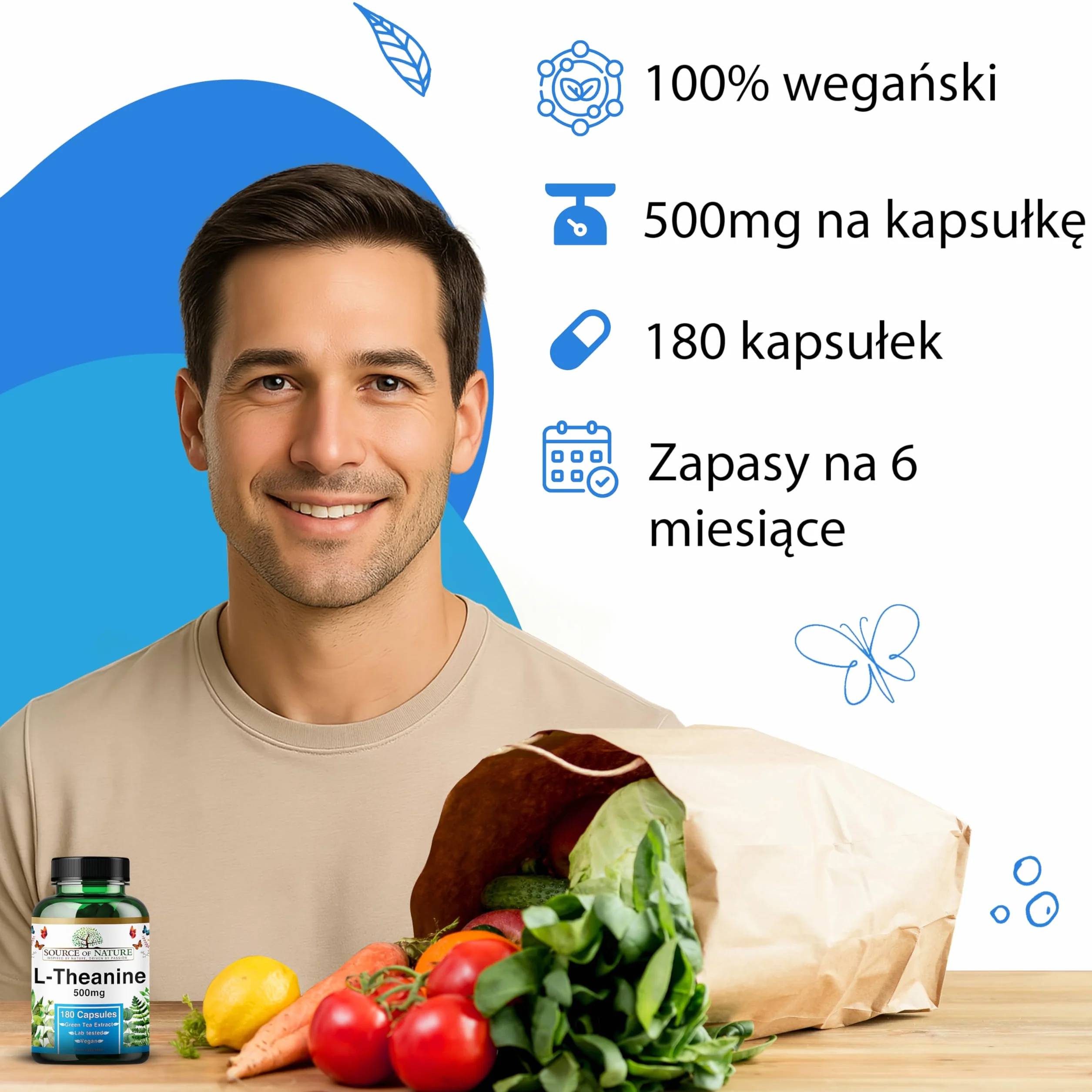 L-Teanina 500 mg 180 Wegańskich Kapsułek Wysoka Dawka Aminokwasu z Zielonej Herbaty 98% Czystości Bez Dodatków