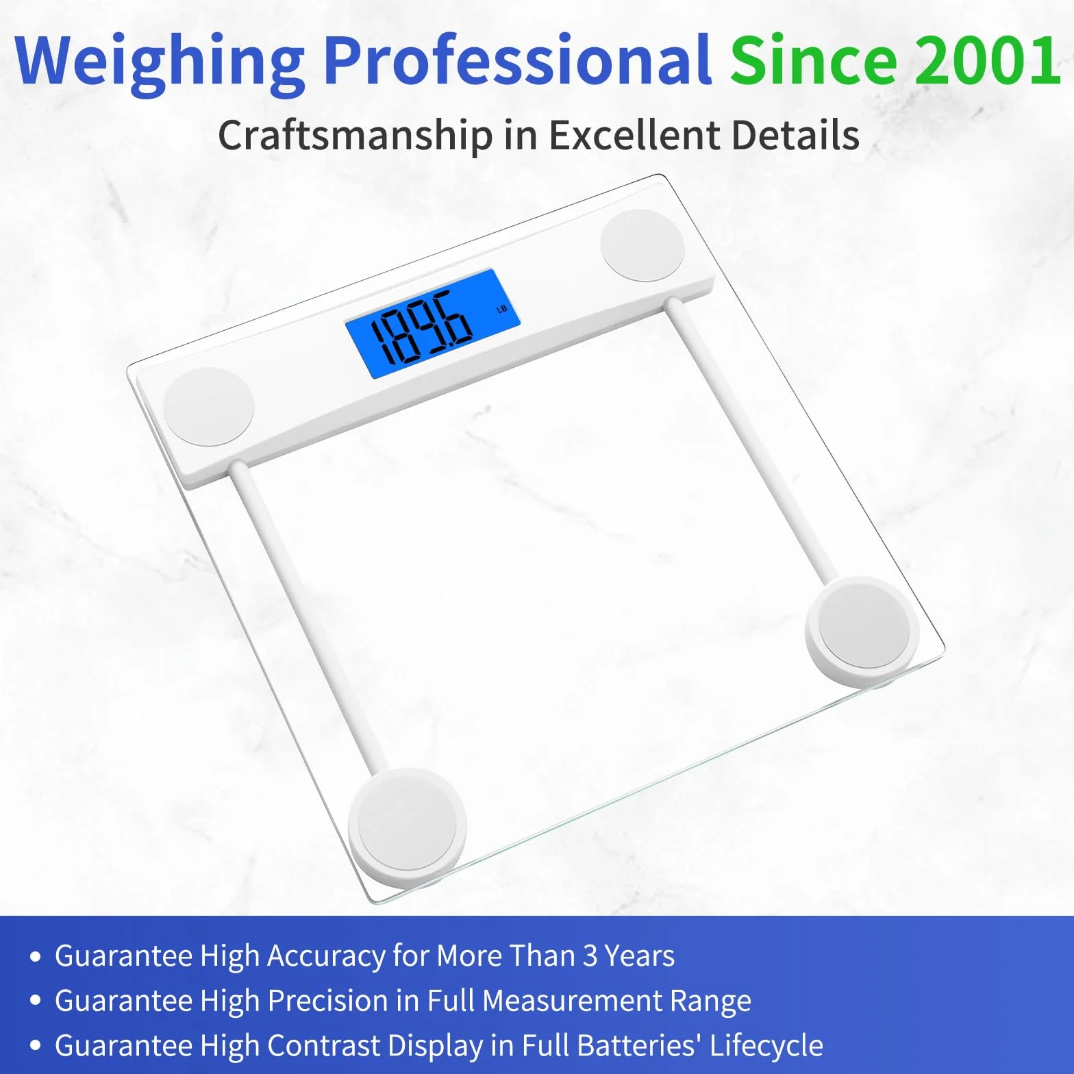 Homebuds Waga łazienkowa do pomiaru masy ciała, wysoka precyzja zapewniana przez profesjonalną fabrykę wag od 2001 r., LCD i funkcja Step-On, 2*AAA w zestawie, 180 kg, Przezroczyste Szkło