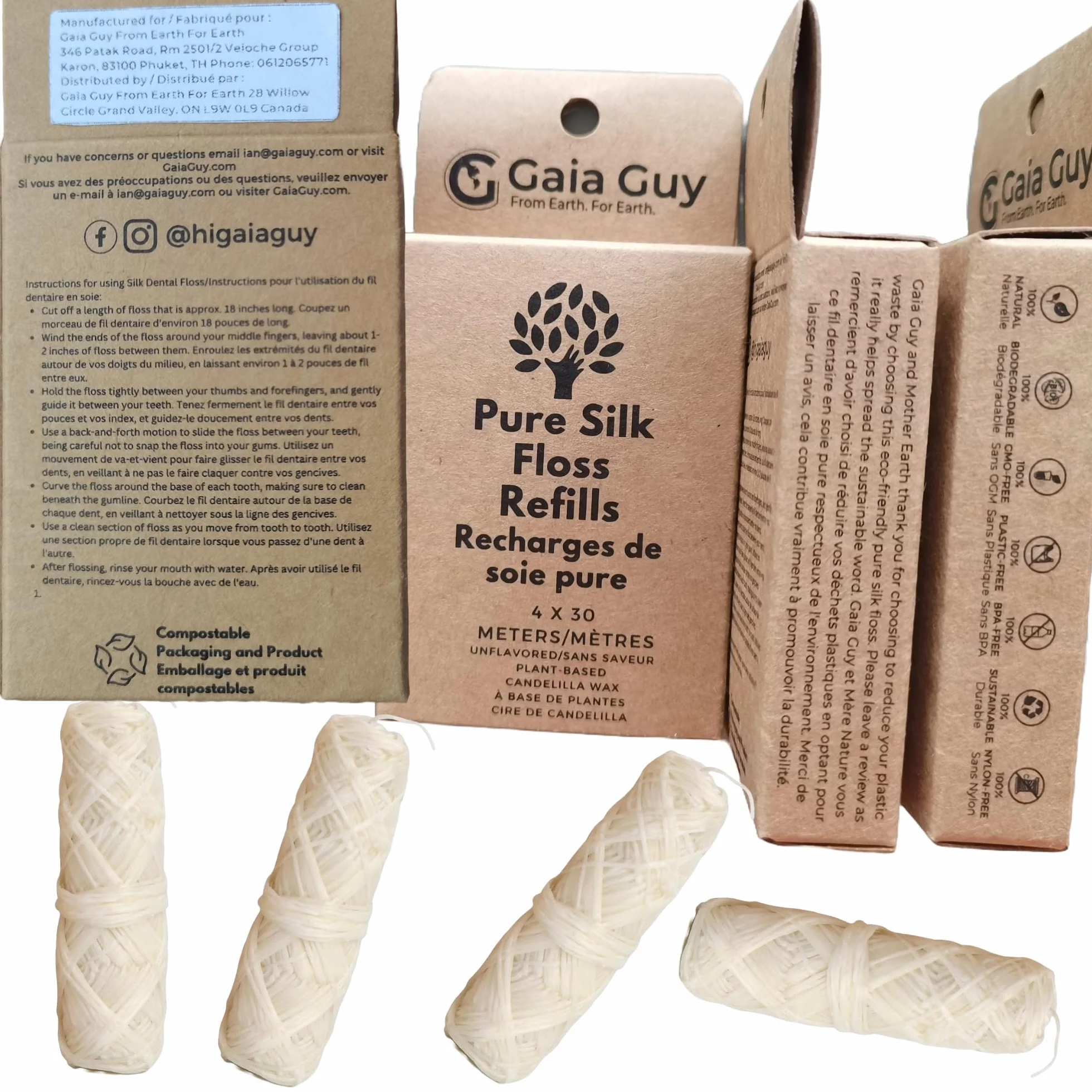 Gaia Guy Wkład do jedwabnej nici dentystycznej | Naturalny jedwab niearomatyzowany | 4 szpule x 33 jardy | Kompostowalna, zrównoważona i biodegradowalna nić jedwabna i ekologiczne opakowanie