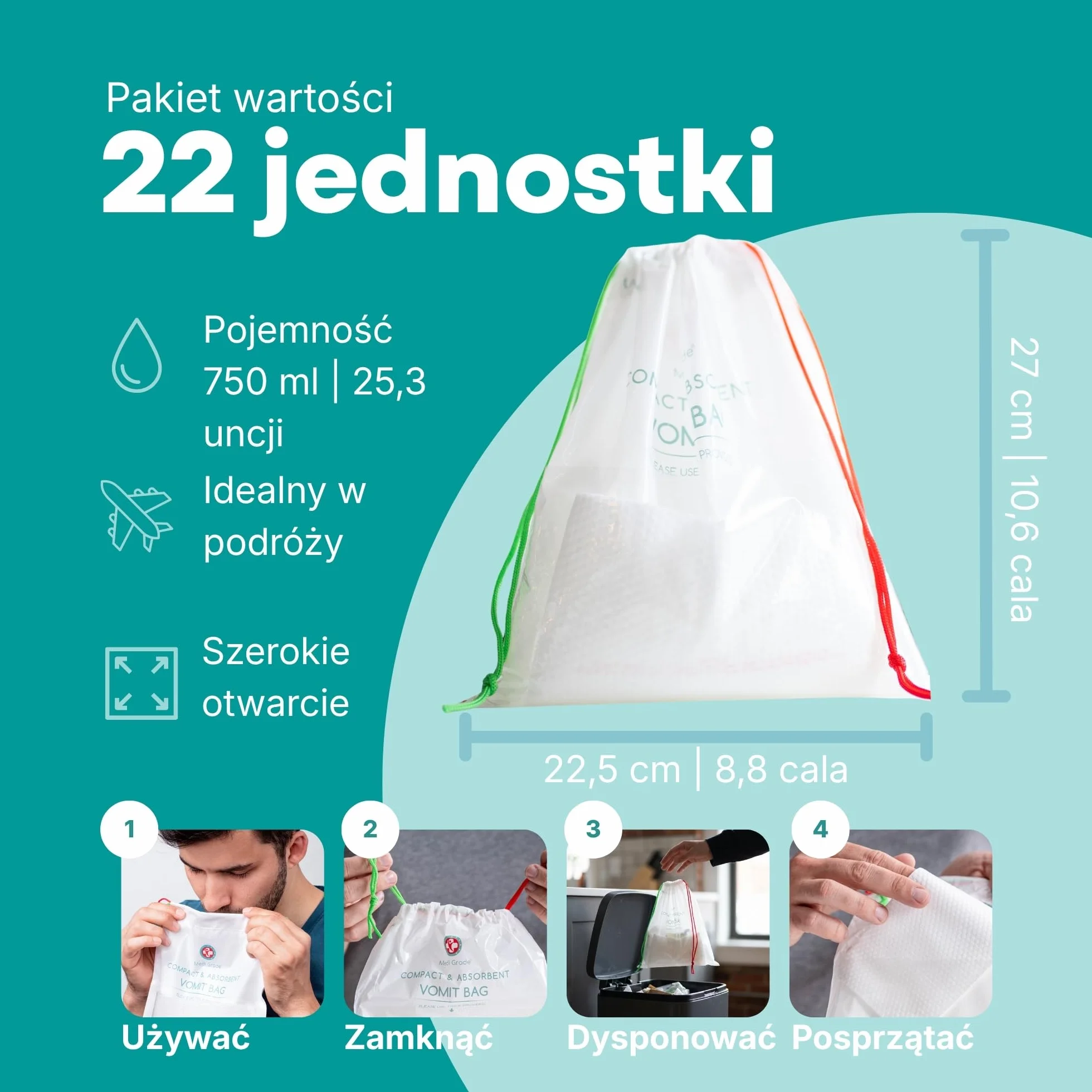 Medi Grade Woreczki na Wymioty 22 Szt. Szczelne Worki na Chorobę Lokomocyjną 750 ml