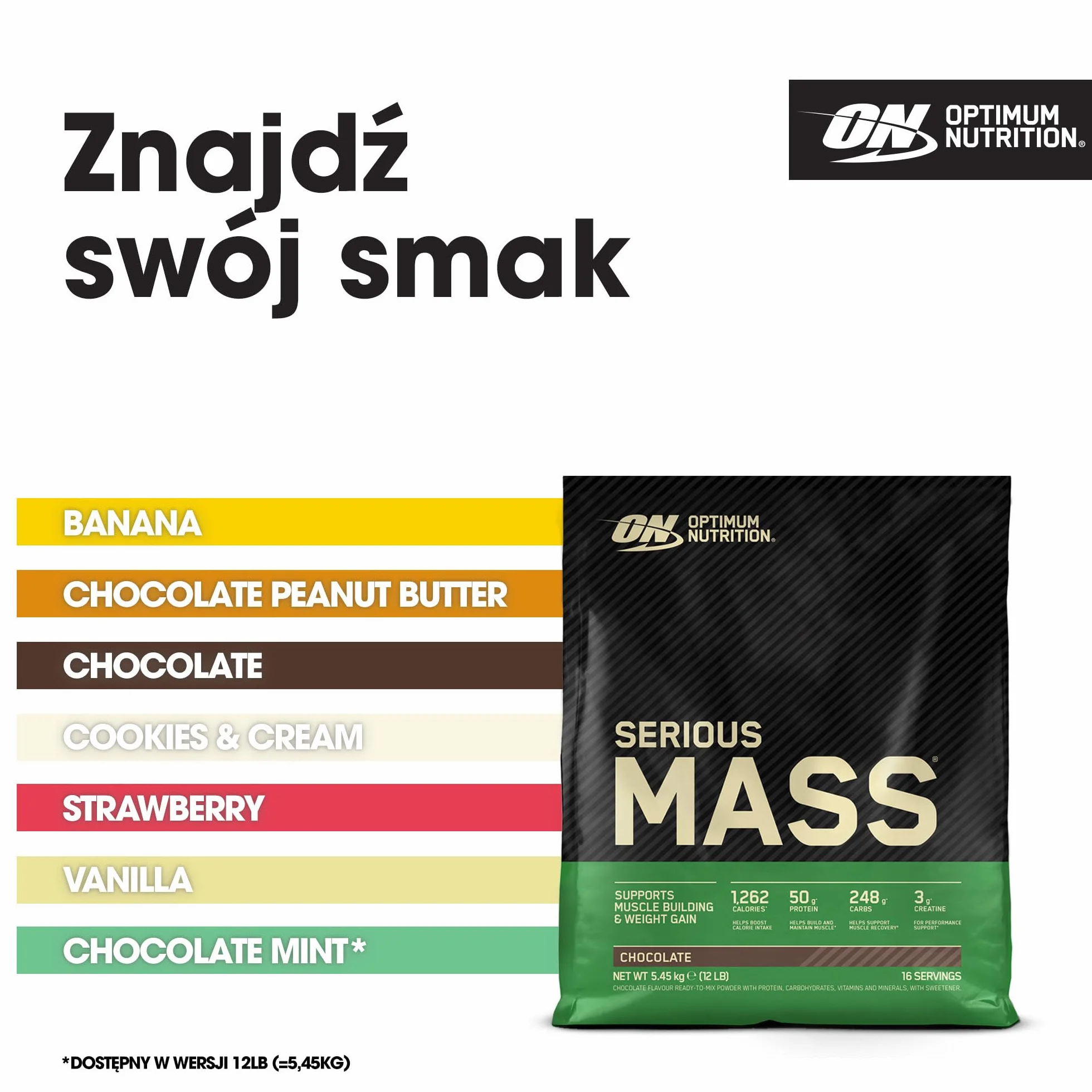 Optimum Nutrition Serious Mass Wysokokaloryczna Odżywka Białkowa, Gainer na Wzrost Masy Mięśniowej, 25 Witamin i Minerałów, Monohydrat Kreatyny i Glutamina, Smak Czekoladowy, 16 Porcji, 5,45 kg