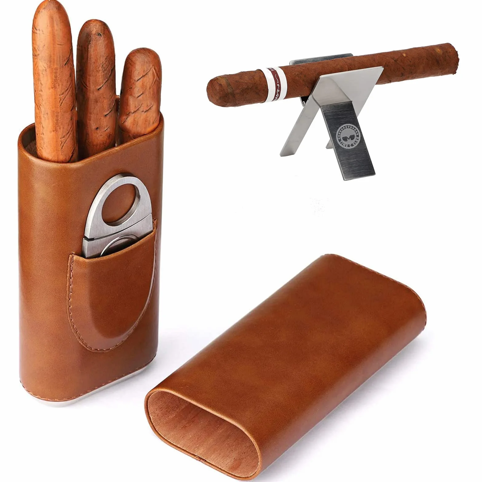 Time C club 3 Pack 3 -Count Brązowe skórzane etui na cygara z cygarową podszewką z drewna cedrowego Składany stojak na cygara ze stali nierdzewnej Srebrny nóż do cygar ze stali nierdzewnej