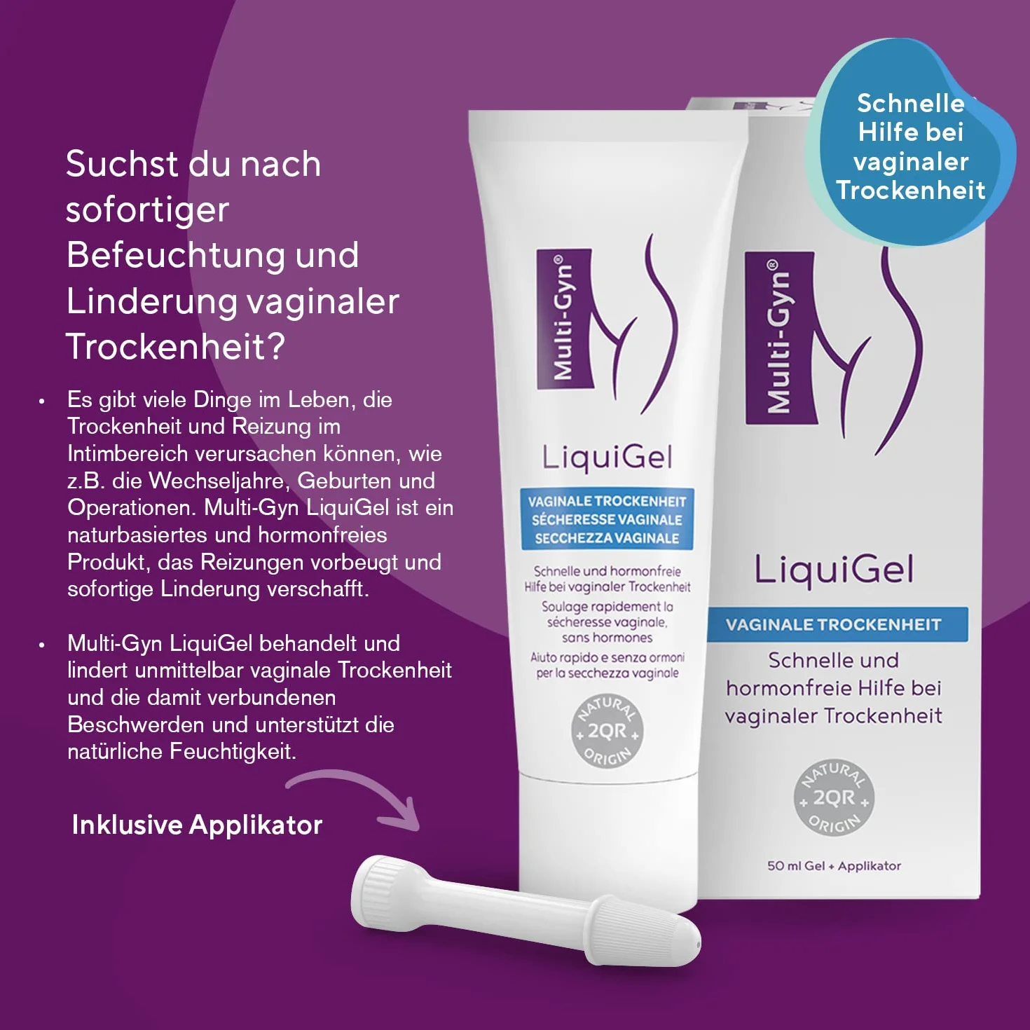 Multi-Gyn LiquiGel z aplikatorem do natychmiastowego łagodzenia suchości pochwy, bólu, swędzenia lub podrażnień – bez hormonów, z naturalnymi składnikami, 30 ml (1 opakowanie)