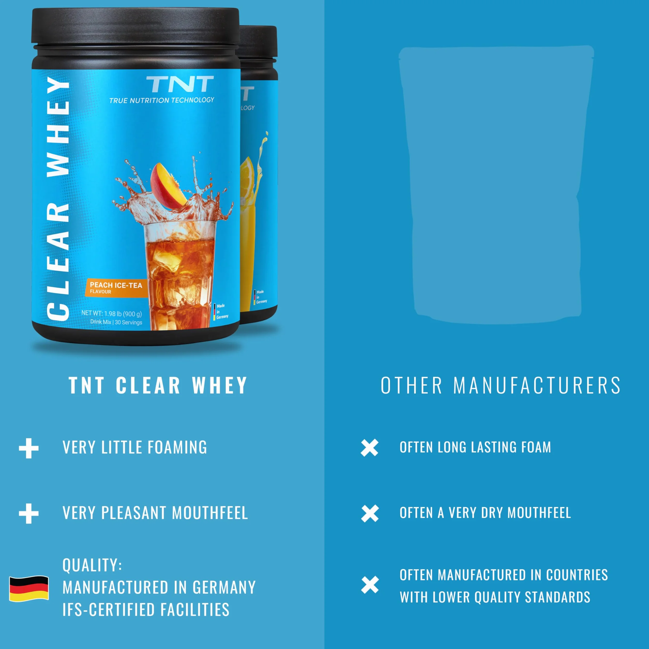 TNT Clear Whey "Peach Ice–Tea" (900 g) • Izolat serwatkowy w proszku o smaku brzoskwiniowej herbaty mrożonej • Mrożona herbata wysokoproteinowa z BCAA • Clear Whey jako shake proteinowy