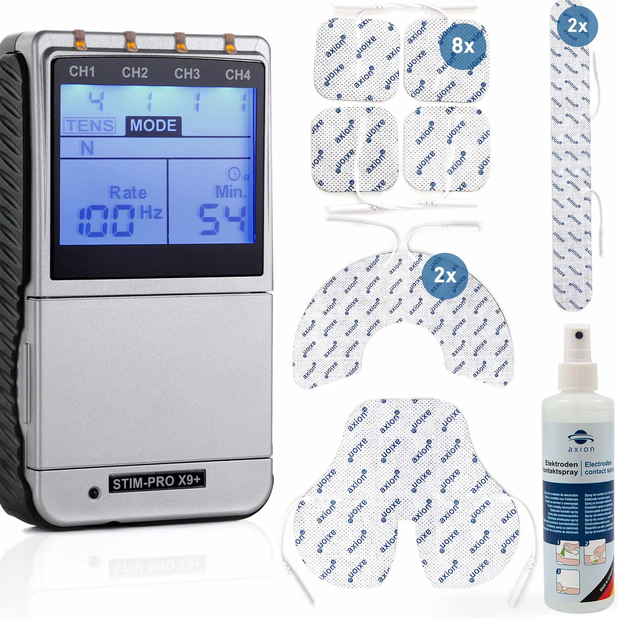 TENS-EMS STIM-PRO X9+ 4 kanałowe urządzenie combi w zestawie z 8 szt. 5x5 cm, specjalnymi elektrodami & sprayem kontaktowym | terapia bólu, wzmacnianie mięśni i masaż | certyfikowany. Wyrób medyczny