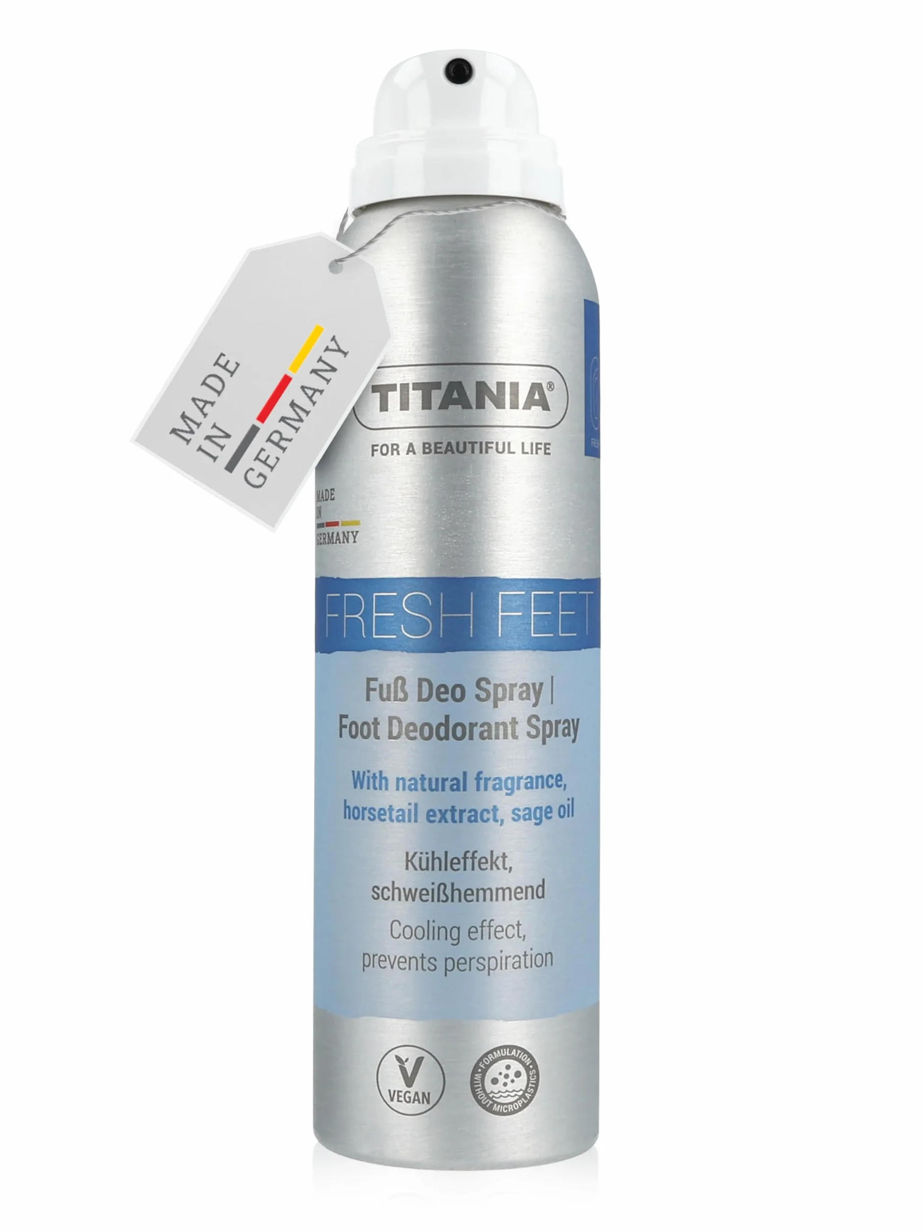 TITANIA Dezodorant w sprayu do stóp 150 ml hamuje pot ekstrakt ze skrzypu polnego olejek szałwiowy świeży zapach cytrusowy wegańska receptura bez mikroplastiku