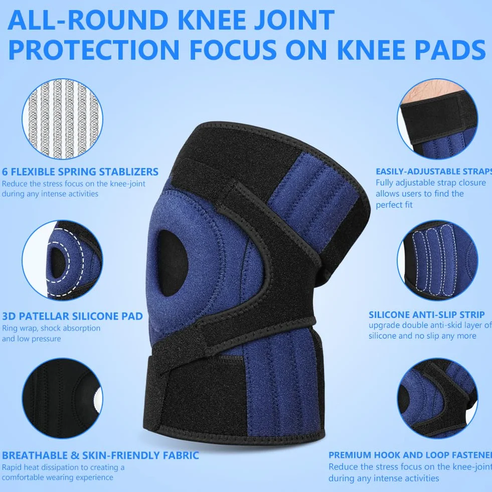 Bandaż na kolano dla kobiet i mężczyzn, regulowany stabilizator kolan z sześcioma stabilizatorami i bandażem kompresyjnym 360°, ortopedyczne podparcie kolana, bandaż sportowy na kolana do