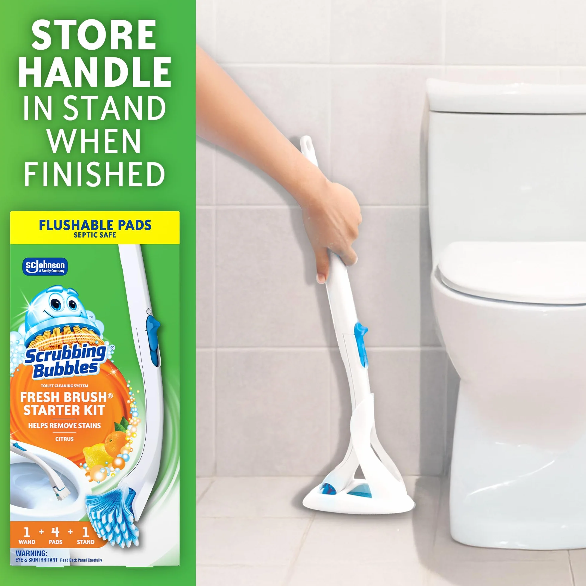 Scrubbing Bubbles Szczotka do muszli klozetowej i uchwyt z wkładkami do czyszczenia, zestaw startowy do czyszczenia różdżki toaletowej, oczyszcza kamień i zwalcza zapachy, cytrusowy zapach, 1 różdżka