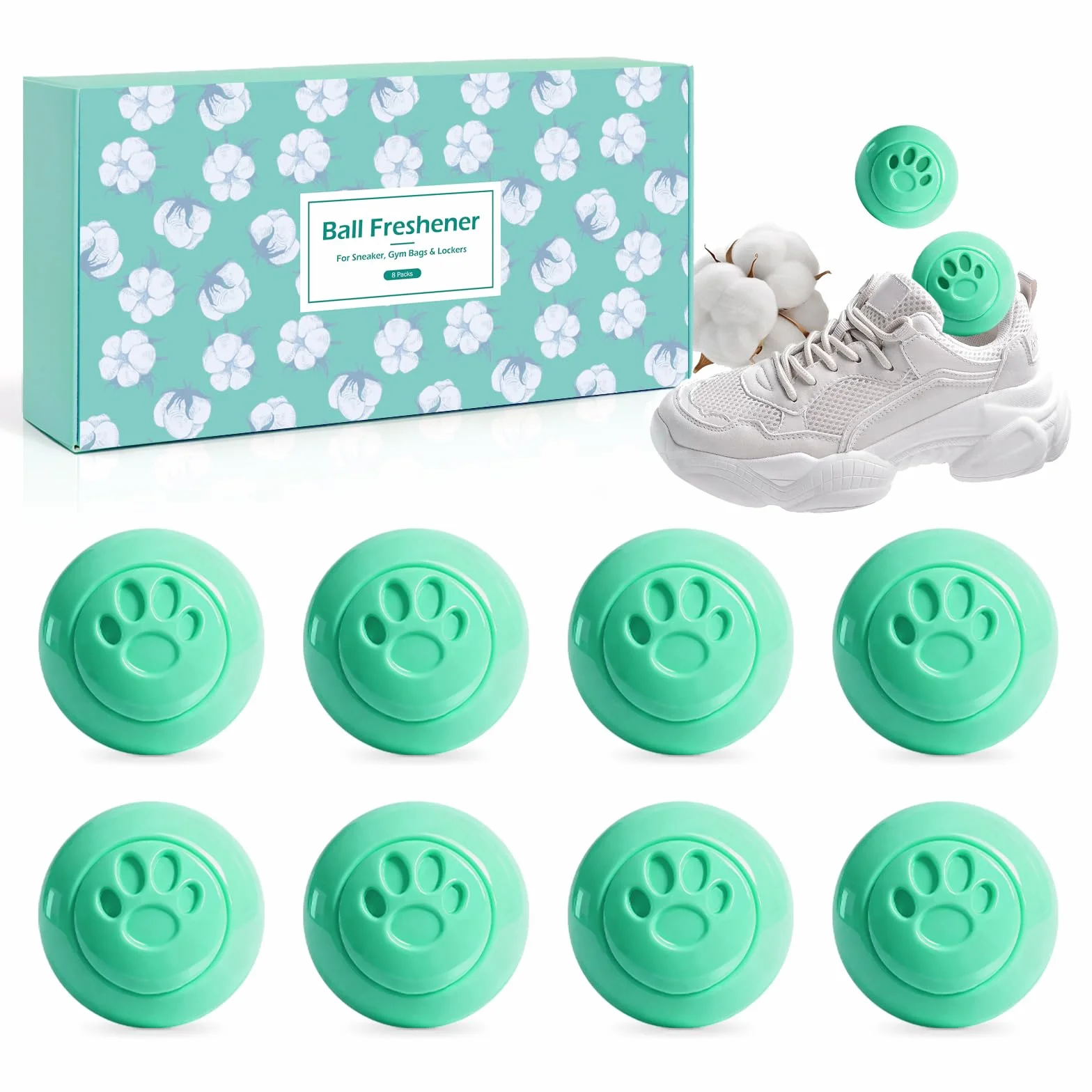 SCENTORINI Dezodorant na buty, piłki dezodoryzujące do butów sportowych, 8 sztuk – kulki dezodoryzujące zapach bawełny, do toreb sportowych, tornistrów, szafek do przechowywania, aby usunąć zapachy