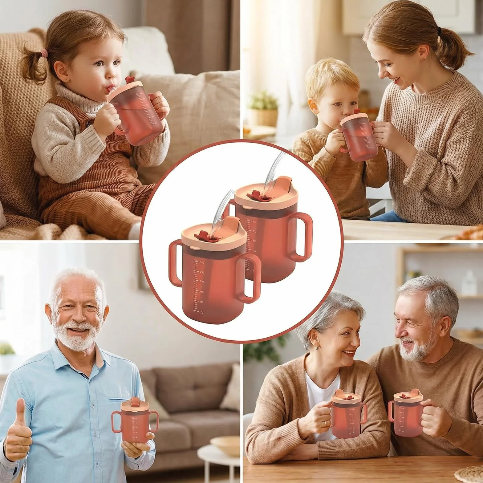 Kubki z ustnikiem dla seniorów 300mL 2 sztuki Dwuuchwytowe z pokrywką i słomką