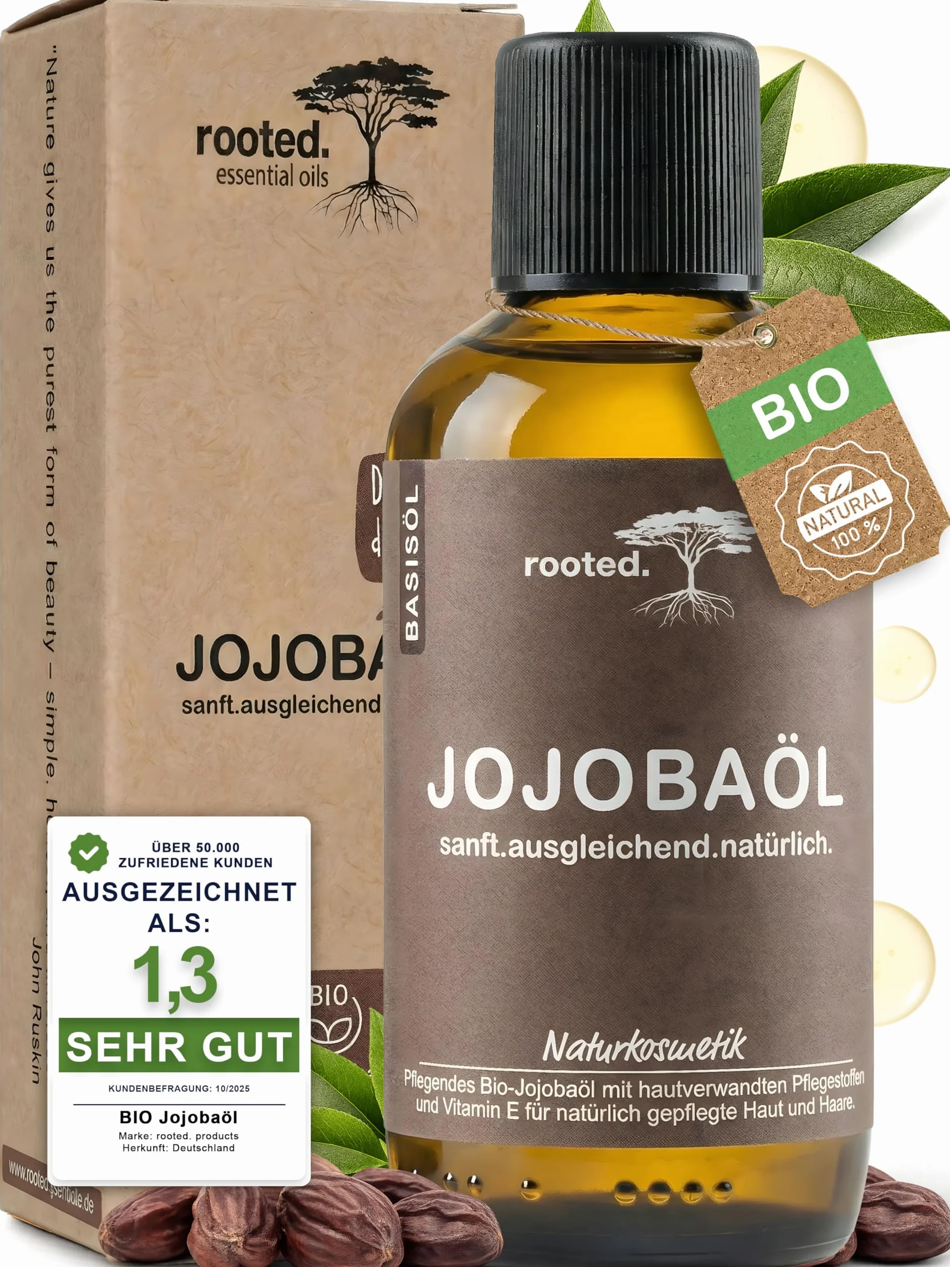rooted.® Bio olejek jojoba 50 ml – 100% czysty, tłoczony na zimno olejek jojoba – olej nośny do olejków eterycznych – pielęgnacja skóry, twarzy, włosów, paznokci i brody – naturalny i bez dodatków