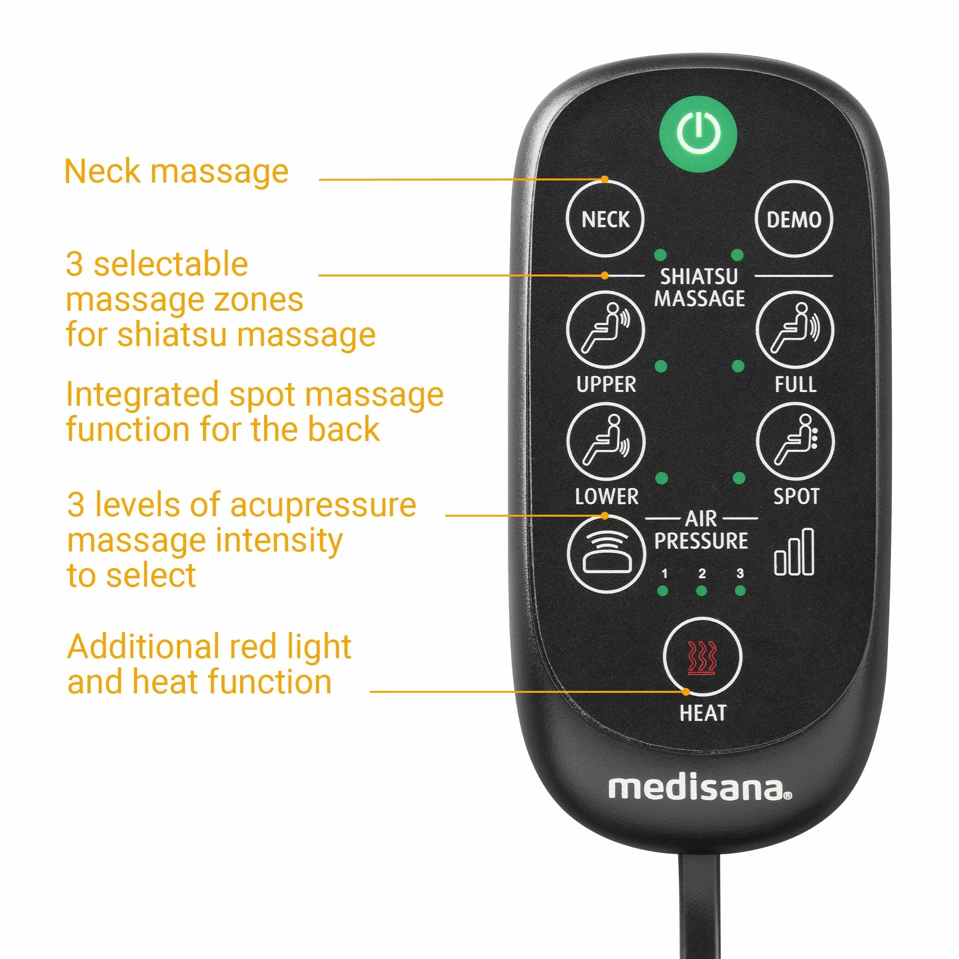 medisana MC 825 Podkładka masująca Shiatsu na plecy i szyję, fotel masujący z akupresurą, masaż szyi, funkcja ogrzewania, 3 intensywności, funkcja czerwonego światła, z pilotem, torba do przechowywania