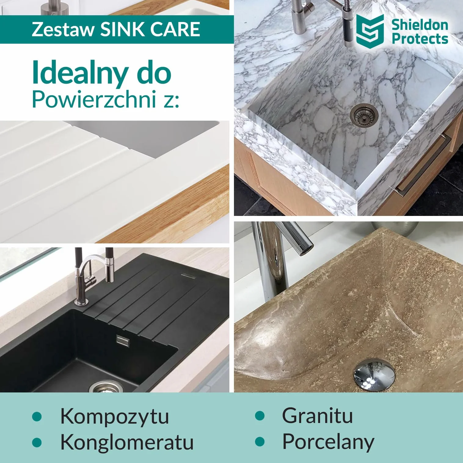 Zestaw do czyszczenia i pielęgnacji zlewozmywaków Shieldon Protects Sink Care - Impregnat do zlewu granitowego + płyn do czyszczenia - usuwa codzienne zabrudzenia, wydobywa kolor, nabłyszcza i chroni