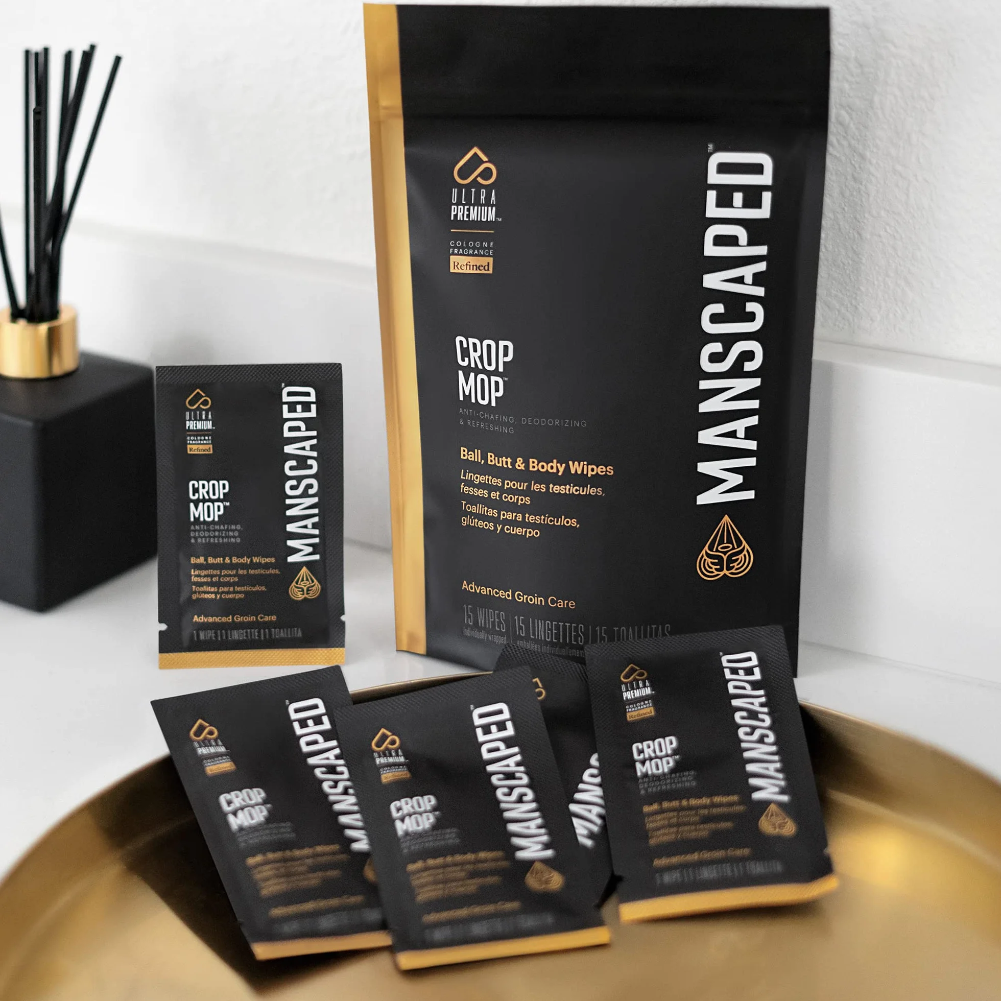 MANSCAPED® Crop Mop® On-The-Go Indywidualnie pakowane chusteczki w kulkach, chusteczki czyszczące zapobiegające otarciom do męskiej okolicy pachwiny z odświeżającym i chłodzącym aloesem, 15 szt.
