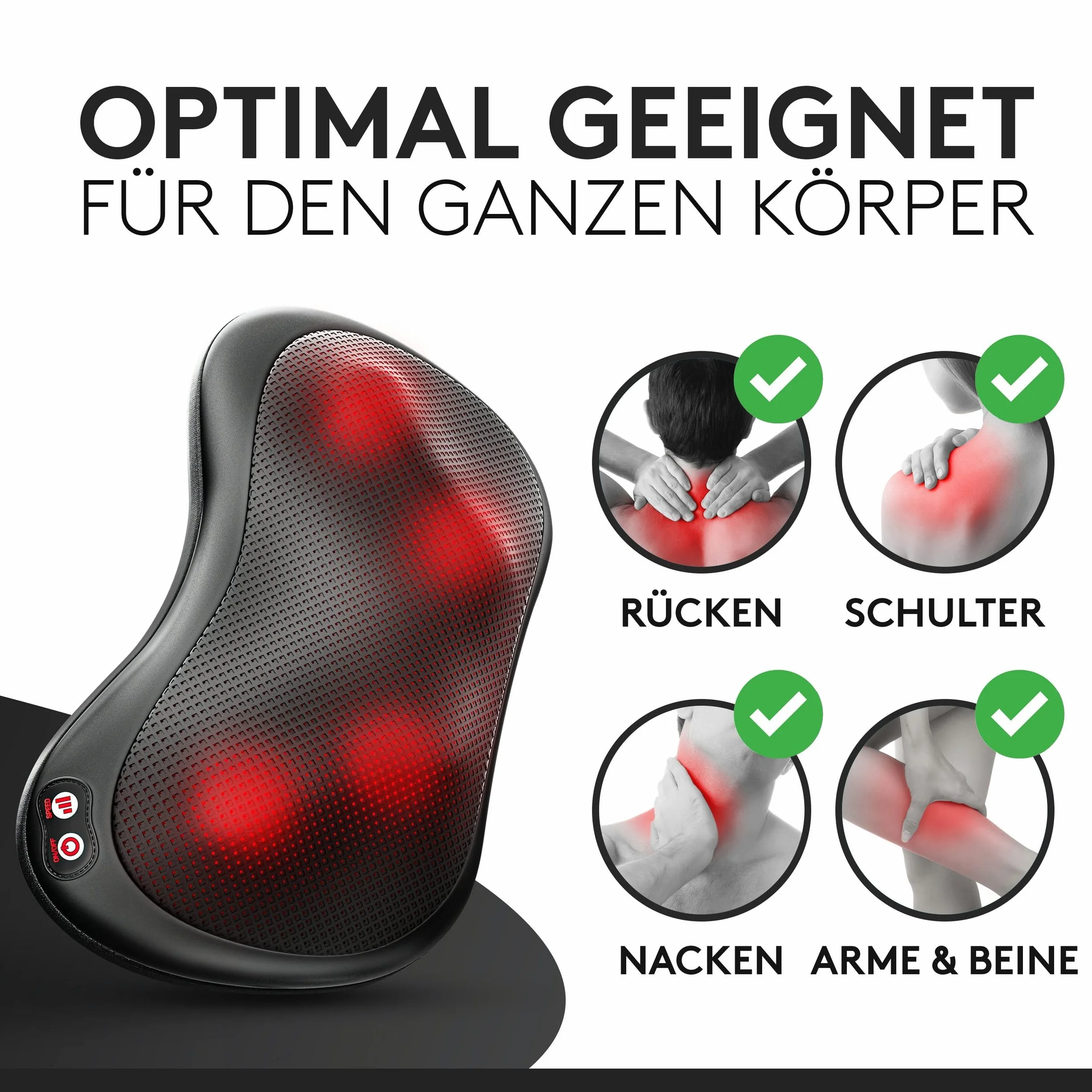 WELLAX Relaksująca poduszka do masażu z funkcją ogrzewania i obrotu o 360°, 3 prędkości Shiatsu na ramiona i plecy z paskiem przedłużającym, czarny aparat do masażu szyi