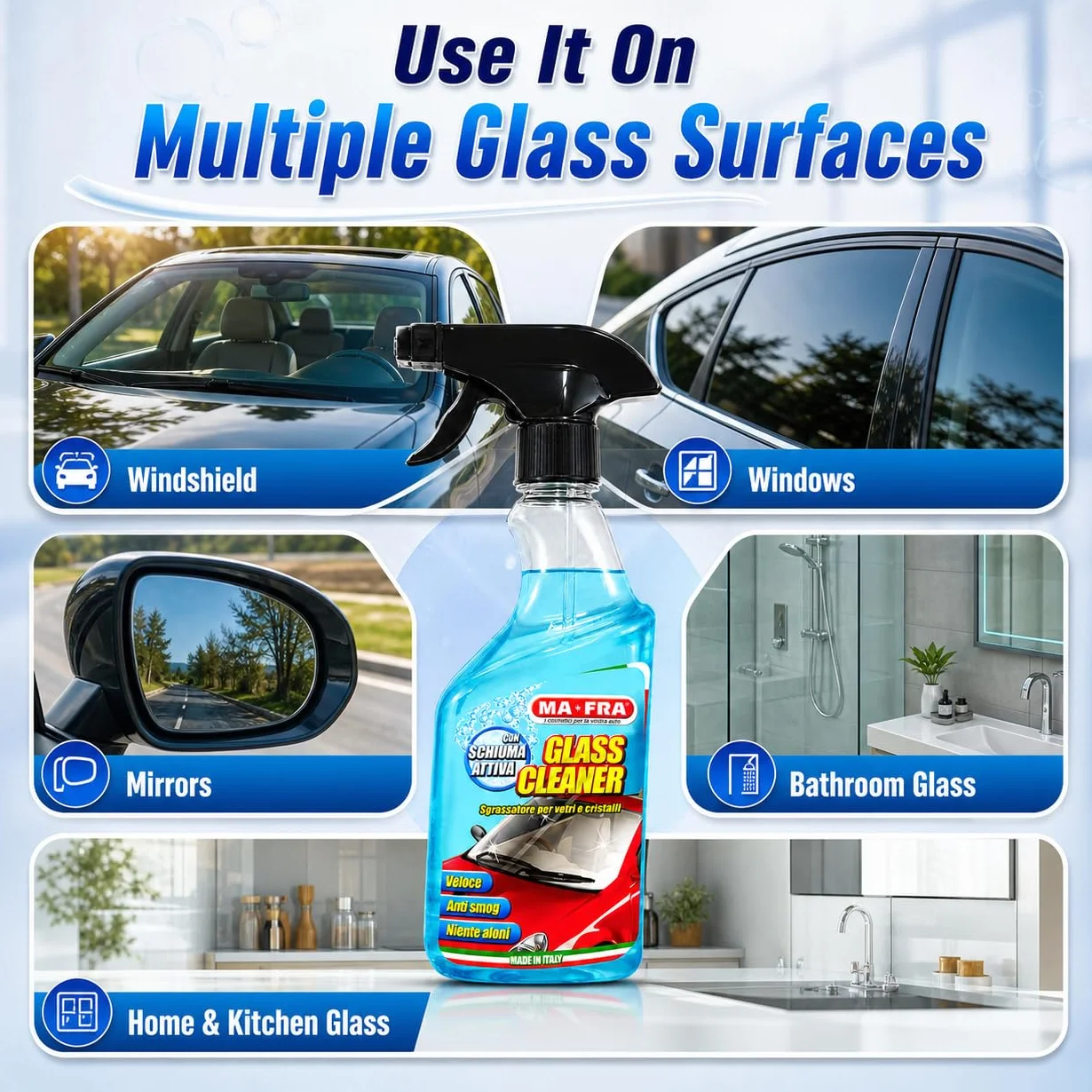 MA-FRA Glass Cleaner Trigger 500 ml — Profesjonalny środek do czyszczenia szyb samochodowych, szybkie czyszczenie bez aureoli, maksymalna przezroczystość kryształów, szyb przednich i lusterek