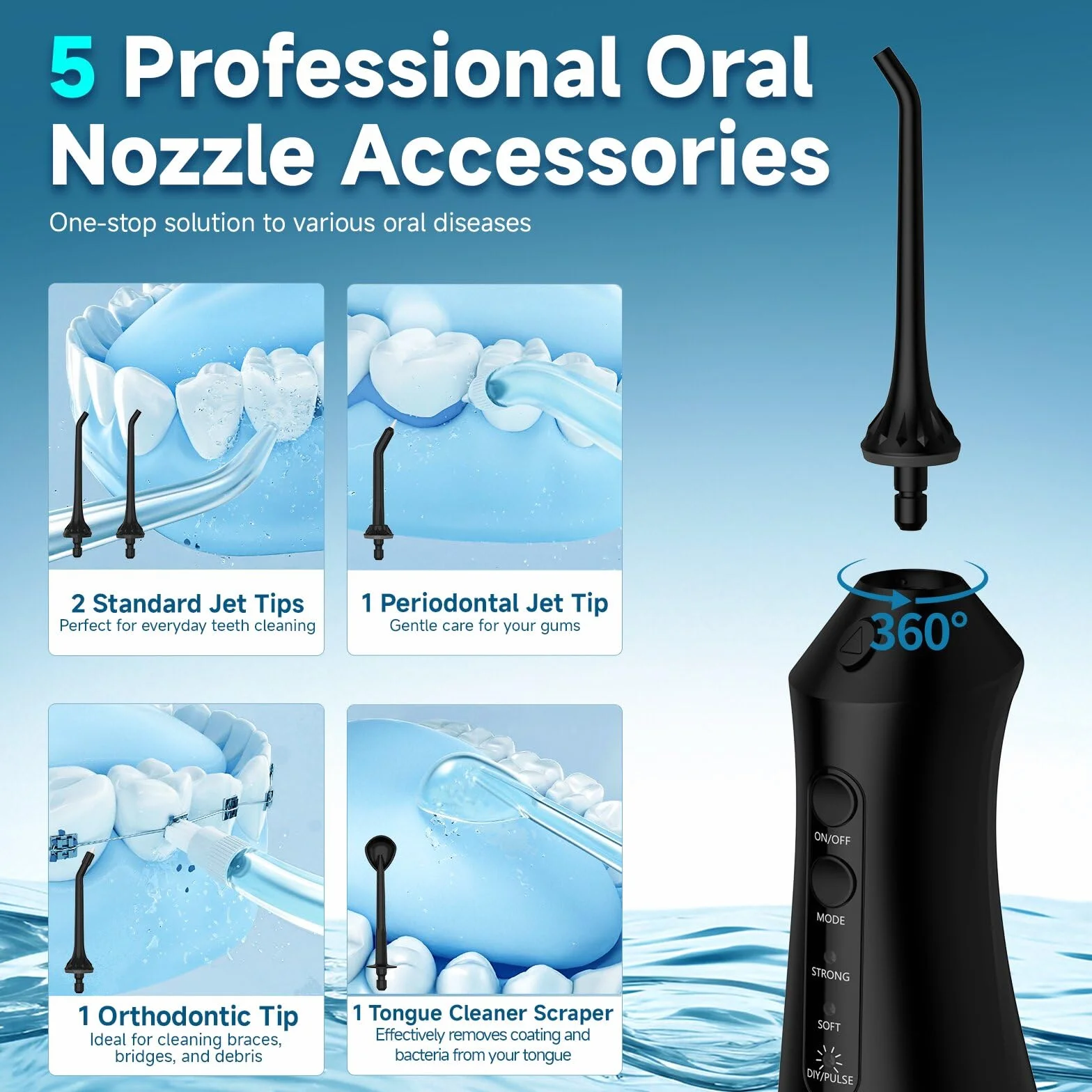 Munddusche Kabellos Elektrischer 8+3+1 Modi 5 Düsen 300ML IPX7 Water Flosser Schwarz