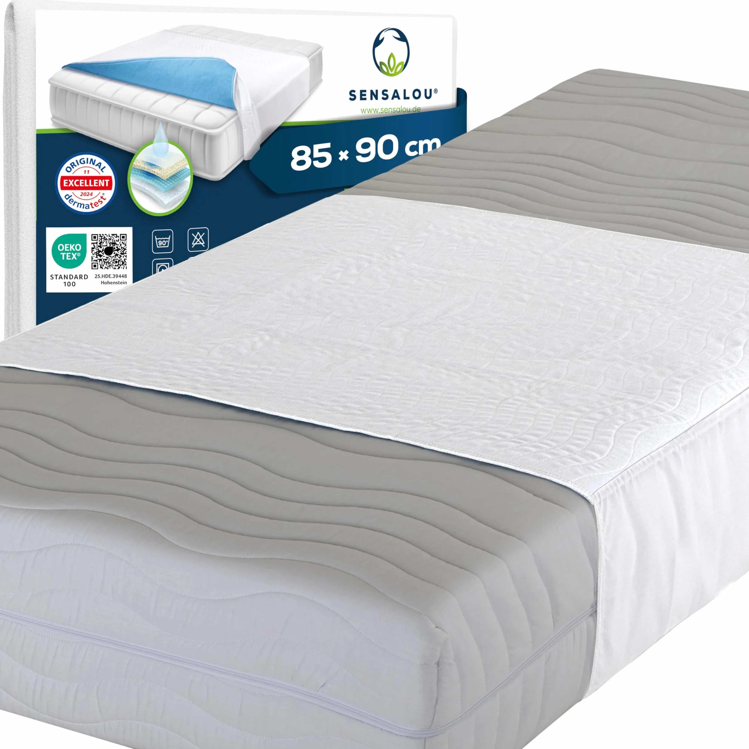 Sensalou Wielorazowy Podkład Na Materac 85x90 cm ze Skrzydłami 44 cm – Wodoodporny Podkład Higieniczny, Chłonny Podkład Na Łóżko 2400 ml/m², Miękki i Cichy Ochraniacz Materaca dla Dzieci i Dorosłych
