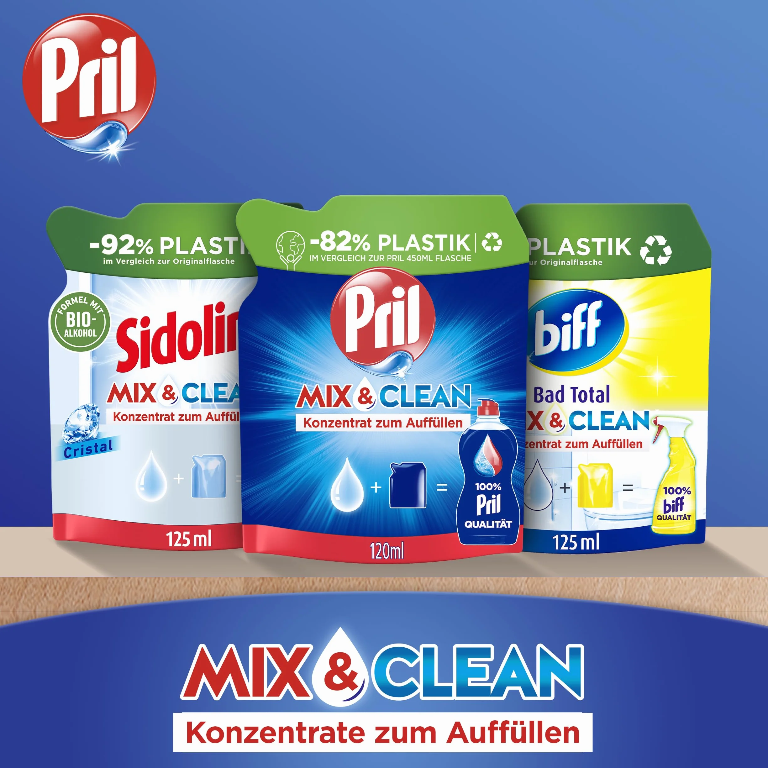 Pril Mix & Clean koncentrat do napełniania (120 ml), płyn do ręcznego mycia naczyń o najwyższej mocy rozpuszczania tłuszczu, do czystych naczyń również w zimnej wodzie, 82% mniej plastiku