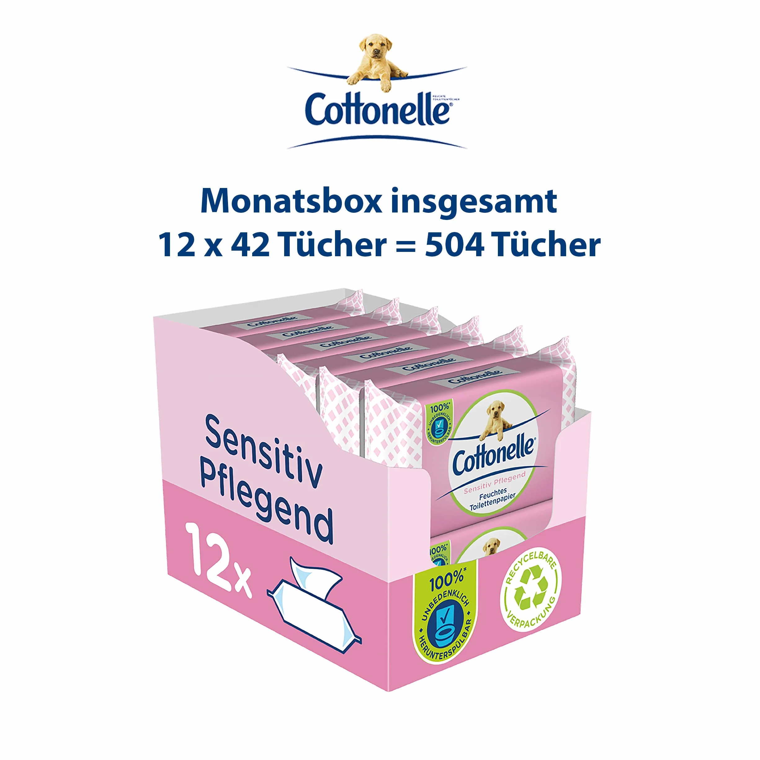 Cottonelle Wilgotny papier toaletowy, delikatny pielęgnacyjny – nie zawiera perfum, biodegradowalny, nie zawiera plastiku, możliwość ponownego zamknięcia, opakowanie ekonomiczne, 12 x 42 chusteczki