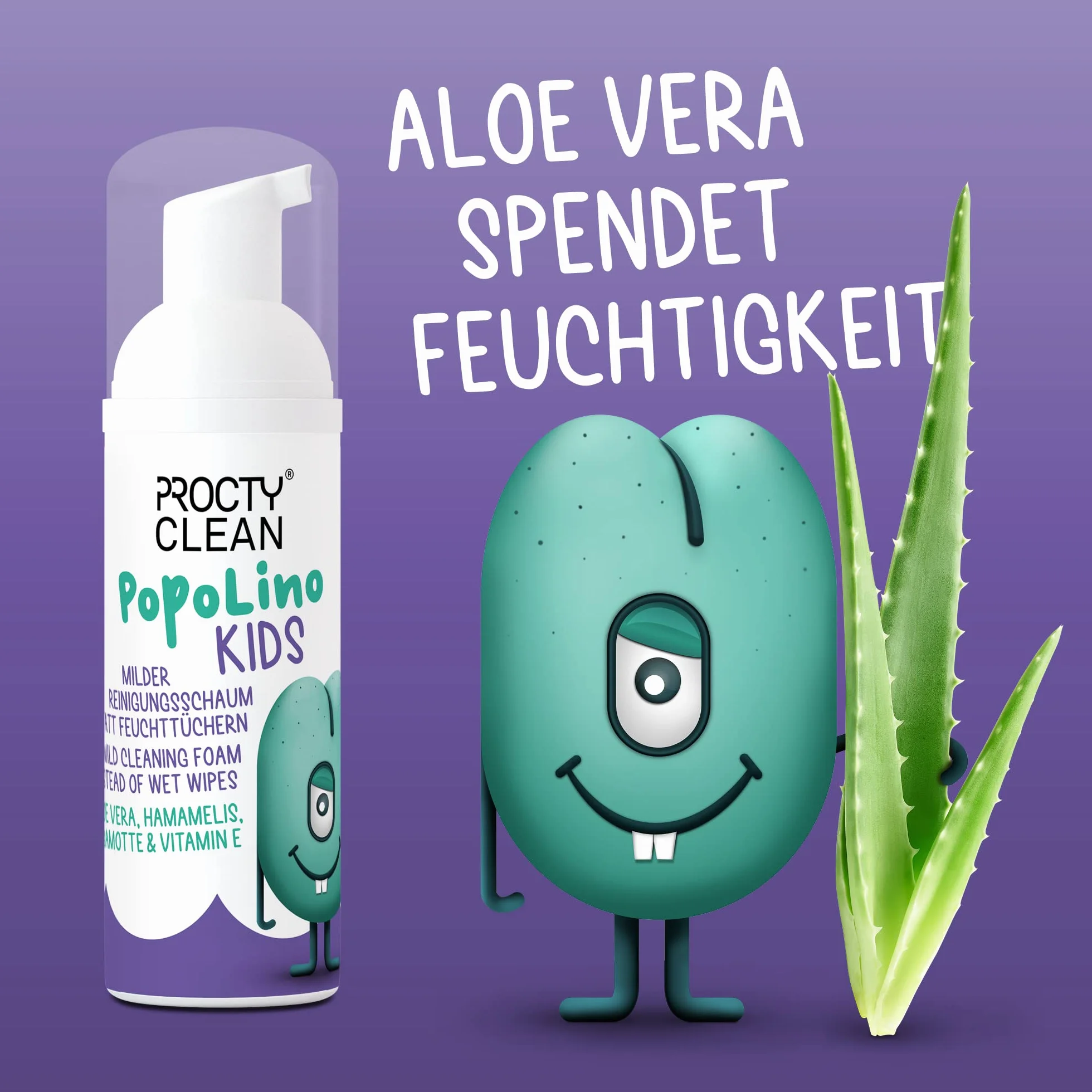 ProctyClean PopoLino Kids łagodna pianka czyszcząca zamiast nawilżanych chusteczek. Sprawia, że pośladki i środowisko są przyjazne dla środowiska. Aloesem, oczarem wirginijskim, agamotką i witaminą E