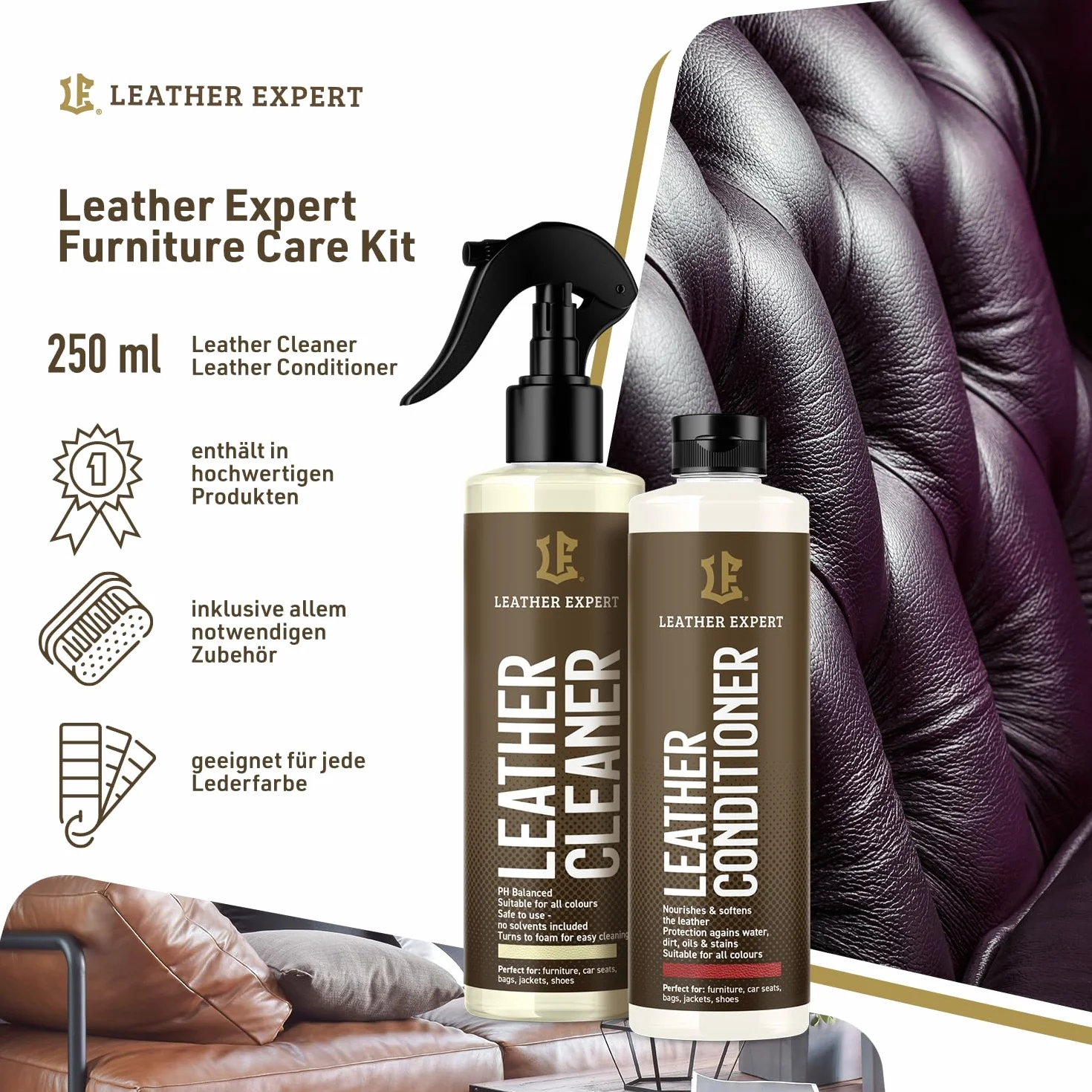 Leather Expert Leather Cleaner 250 ml + Leather Care 250 ml Zestaw do pielęgnacji mebli - Pielęgnacja imitacji skóry ze szczotką, gąbką i ściereczką z mikrofibry