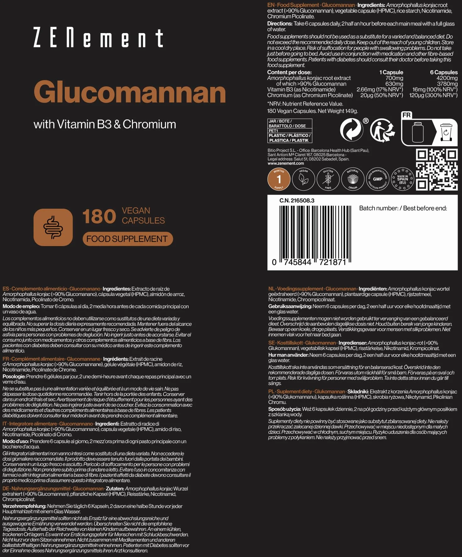 Glucomannan 4200 mg z Witaminą B3 i Chromem – Błonnik z Korzenia Konjaku – 180 Kapsułek Wegańskich Zenement