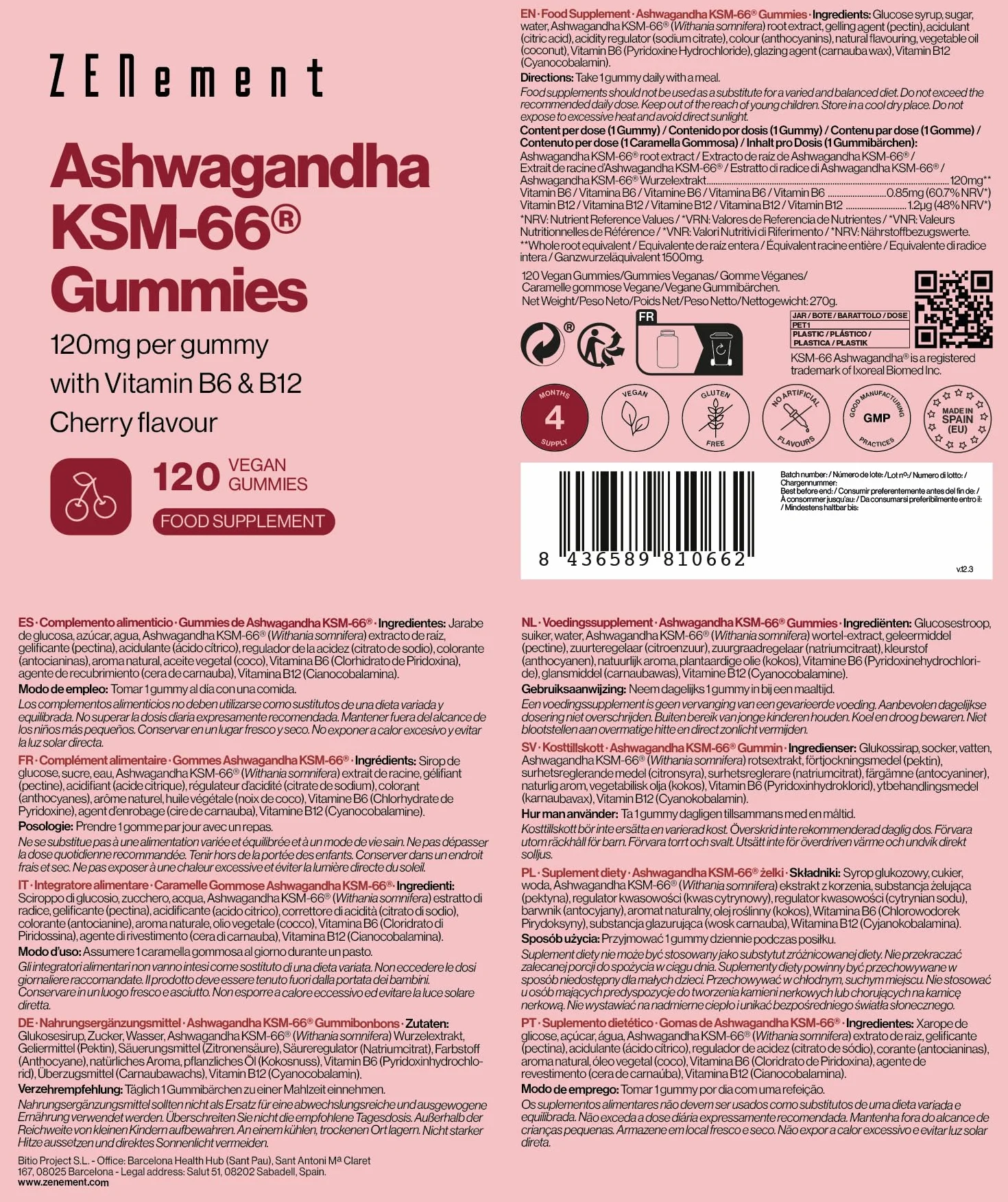 Żelki z Ashwagandhą KSM-66® z Witaminami B6 i B12 – 1500 mg Korzenia (120 mg Ekstraktu w Żelku) – 120 Wegańskich Żelków o Smaku Wiśniowym – 4 Miesiące Suplementacji – Zenement