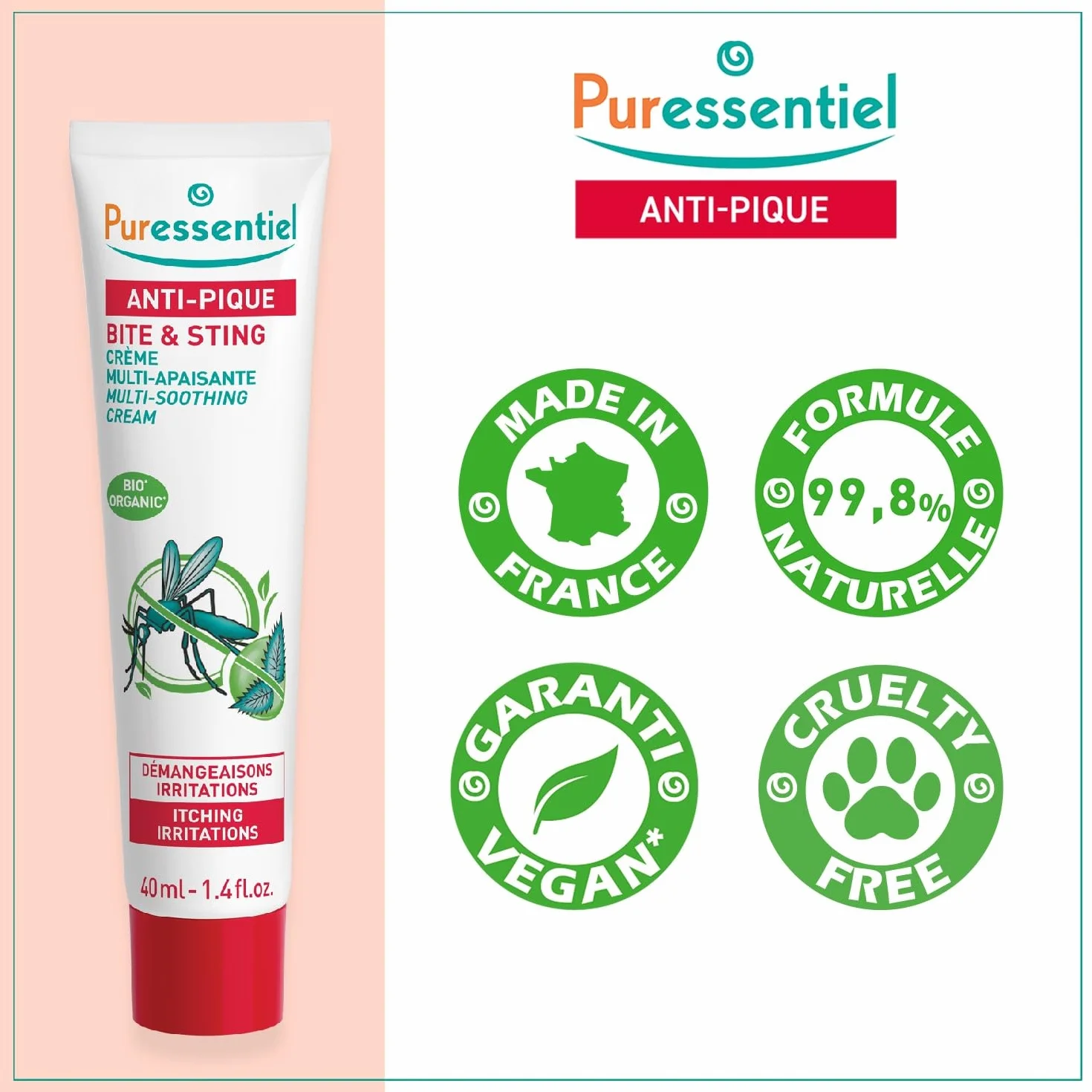Puressentiel - Anti Pique - Krem wielofunkcyjny - Ugryzienie owadów i roślin - Aktywny w 100% pochodzenia naturalnego - Świeży efekt - Spokojne swędzenie i podrażnienia - 40 ml