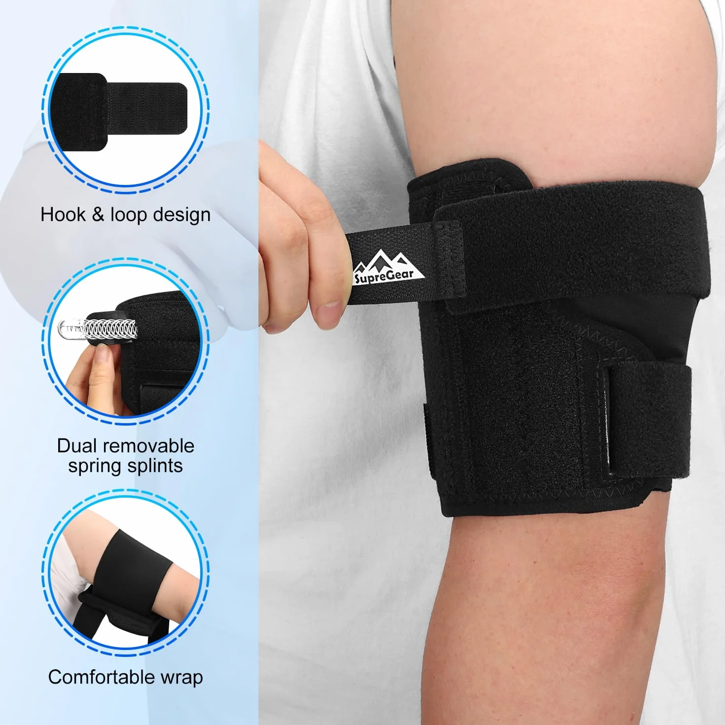 supregear Opaska na Tendinitis Bicepsa, Rękaw Kompresyjny na Wsparcie, Wygodna Opaska na Górną Część Ramienia do Tricepsa i Bicepsa w Celu Łagodzenia Bólu, Naciągnięć Mięśni i Zapalenia (Czarny, S)
