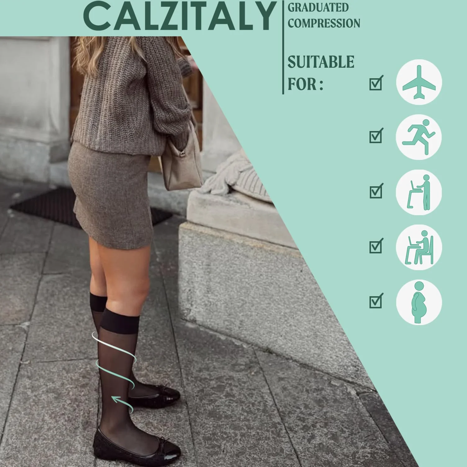 CALZITALY PACK 1/2 połowy dna z mocnym kompresją stopniową 15-21 mm/Hg bez końcówki | Medyczna otwarta końcówka | 140 DEN | Wyprodukowano we Włoszech