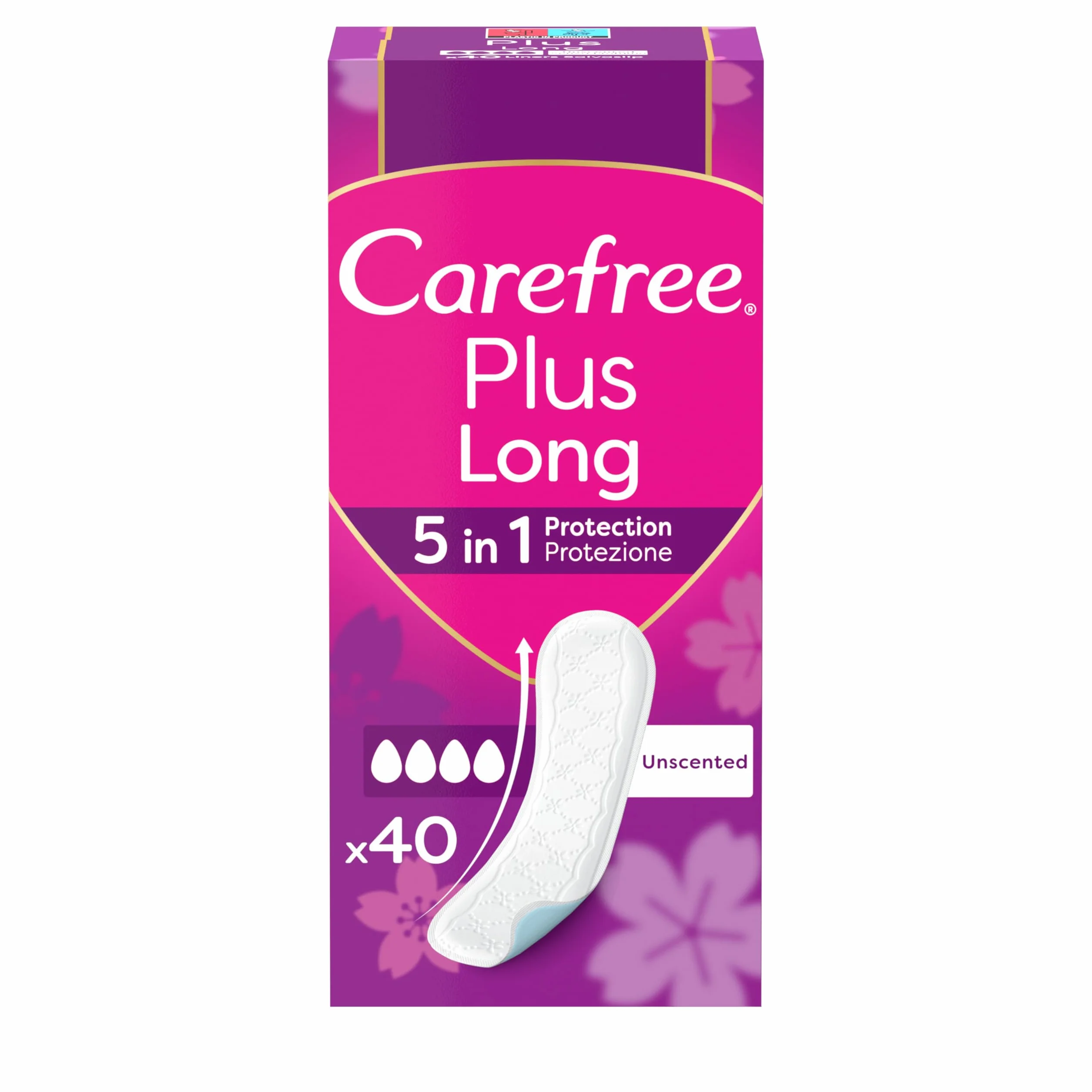 Carefree Bezzapachowe długie wkładki do ust Plus z ochroną 5 w 1 dla 8h suchości, ultra cienkie bezzapachowe wkładki do codziennego użytku, 40 podkładek