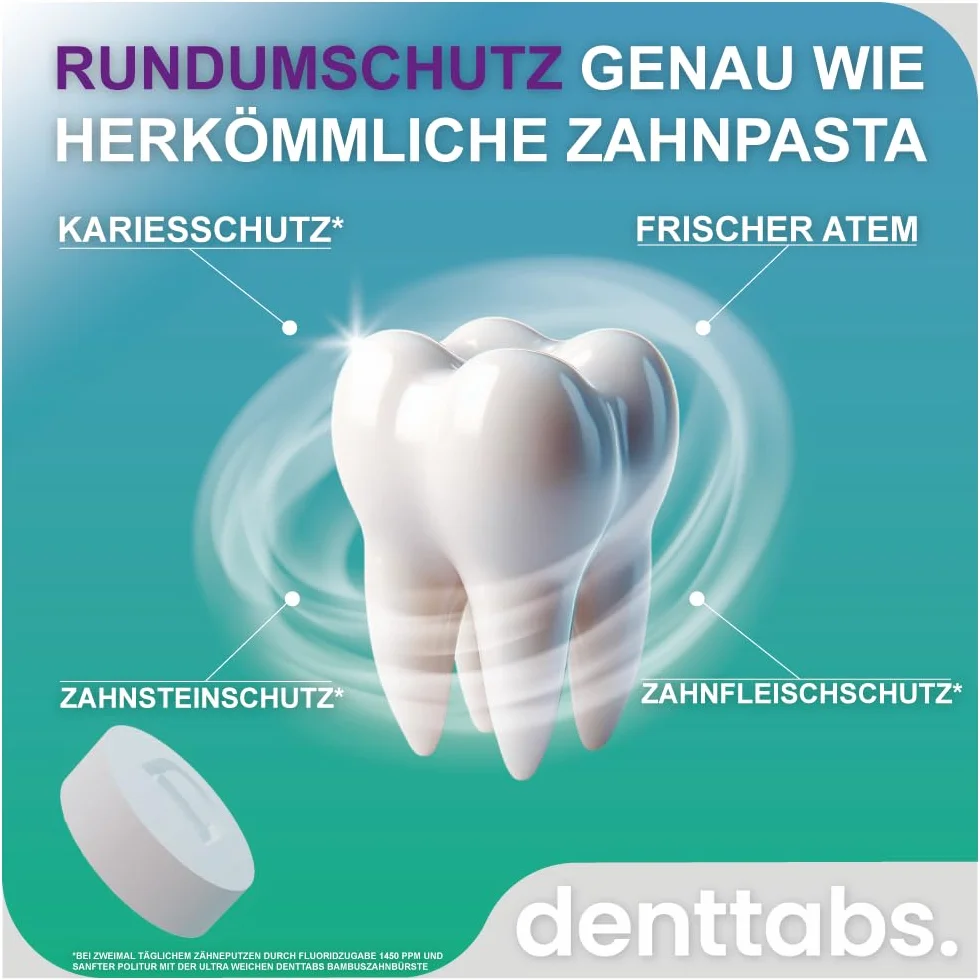 Denttabs tabletki do czyszczenia zębów miętowe z fluorkiem 125 szt. + bambusowa szczoteczka ultramiękka