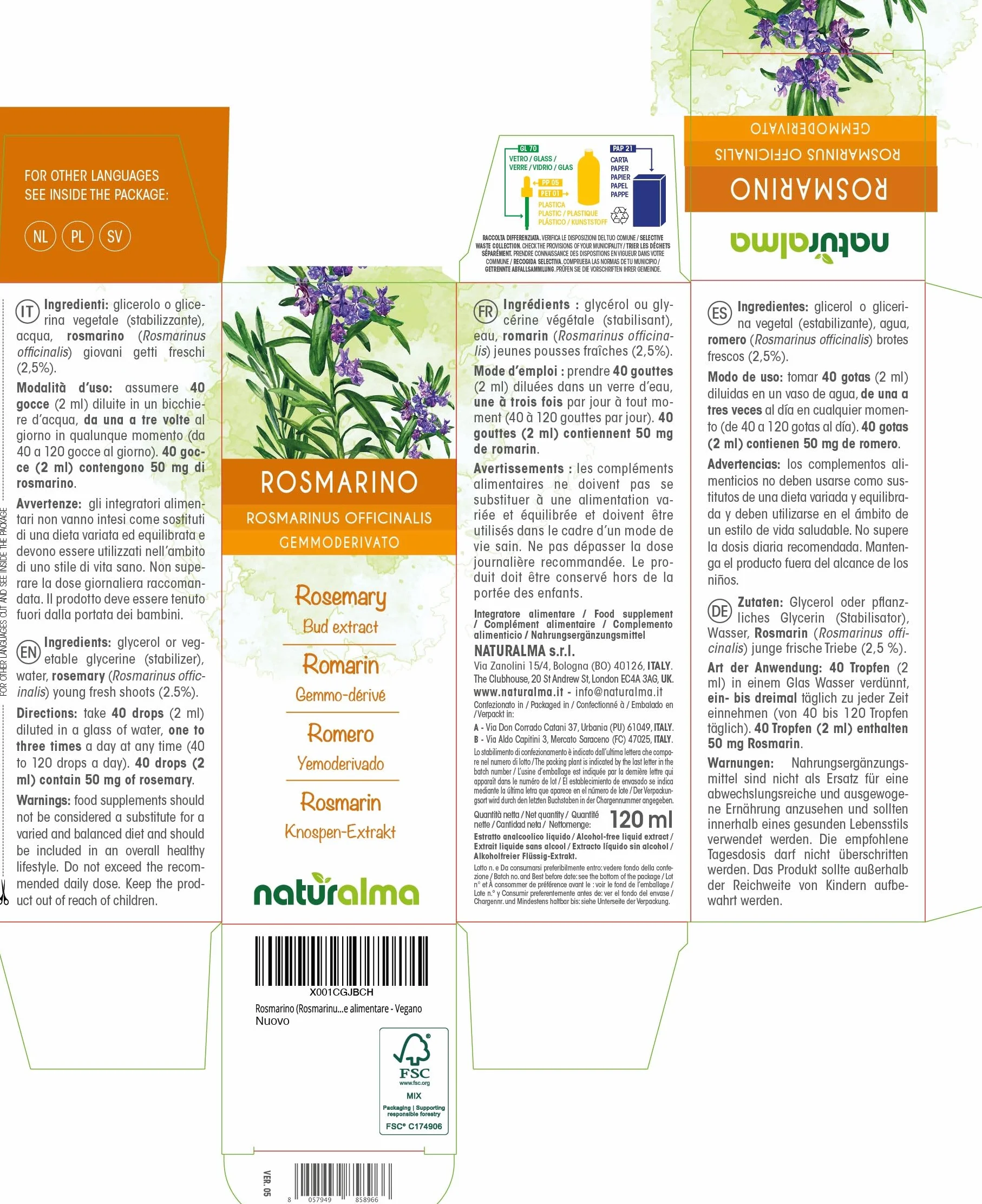 Rozmaryn lekarski (Rosmarinus officinalis) Bezalkoholowy ekstrakt ze świeżych pączków Naturalma - Płynny ekstrakt w kroplach 120 ml - Suplement diety - Wegański