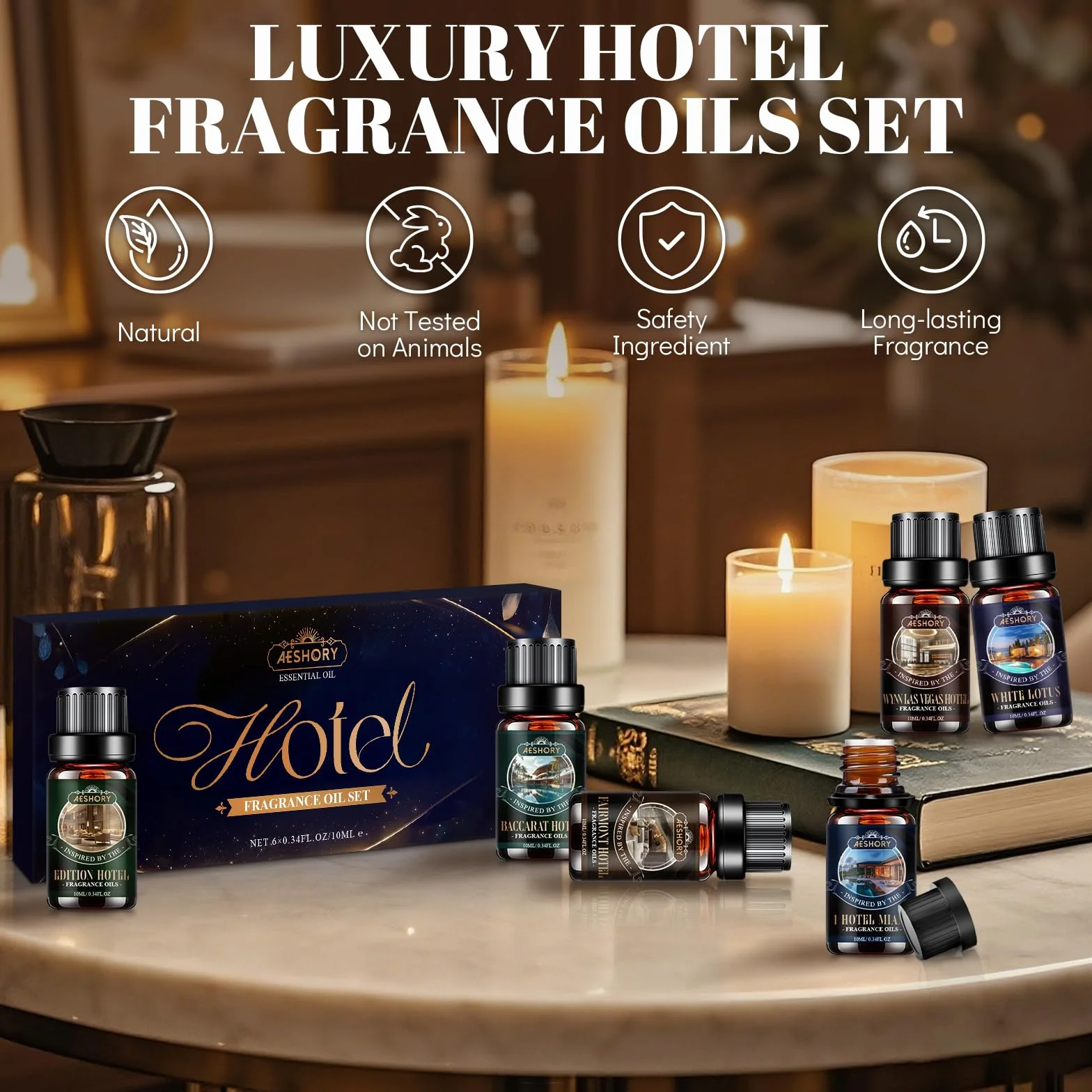 Aeshory Zestaw Olejków Zapachowych Do Hotelu, 6 x 10 ml Olejków Eterycznych Do Dyfuzora Domowego, Nawilżacza Powietrza, Aromaterapii, Wyrobu Świec, Odświeżania Powietrza