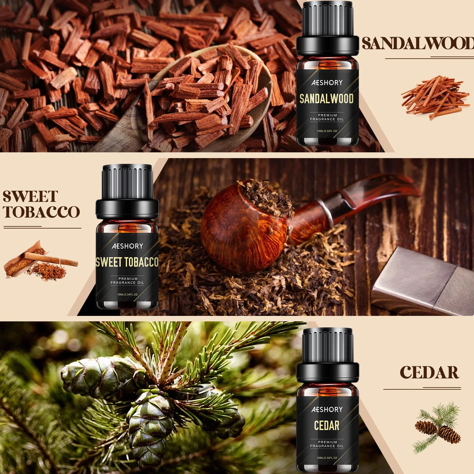 Aeshory 6x10ml Olejki Eteryczne Dla Mężczyzn, Zestaw Naturalnych Olejków Zapachowych Do Dyfuzora, Do Wyrobu Świec – Drzewo Sandałowe, Cedr, Skóra, Słodki Tytoń, Rum Laurowy, Woda Kolońska