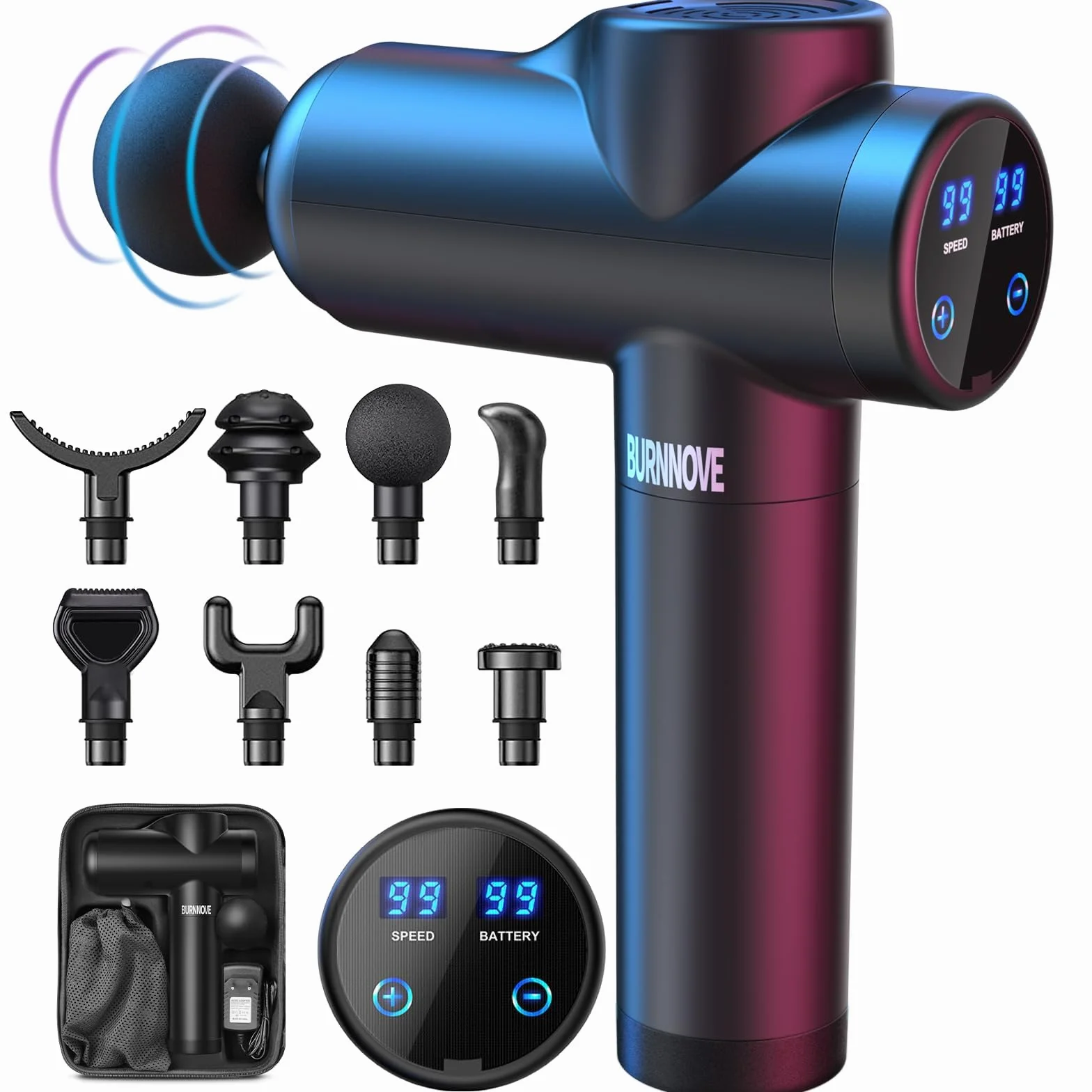 BURNNOVE Pistolet do Masażu z Ekranem LED 99 Prędkości 8 Głowic Bateria 2550 mAh
