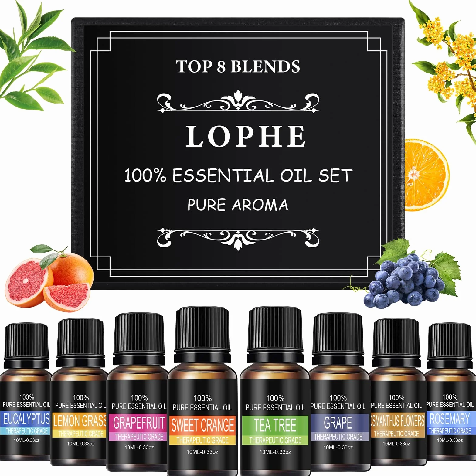 LOPHE Zestaw olejków eterycznych 8 x 10 ml, Zestaw olejków eterycznych do dyfuzorów, Zestaw czystych naturalnych olejków zapachowych do mydła, świec, SPA