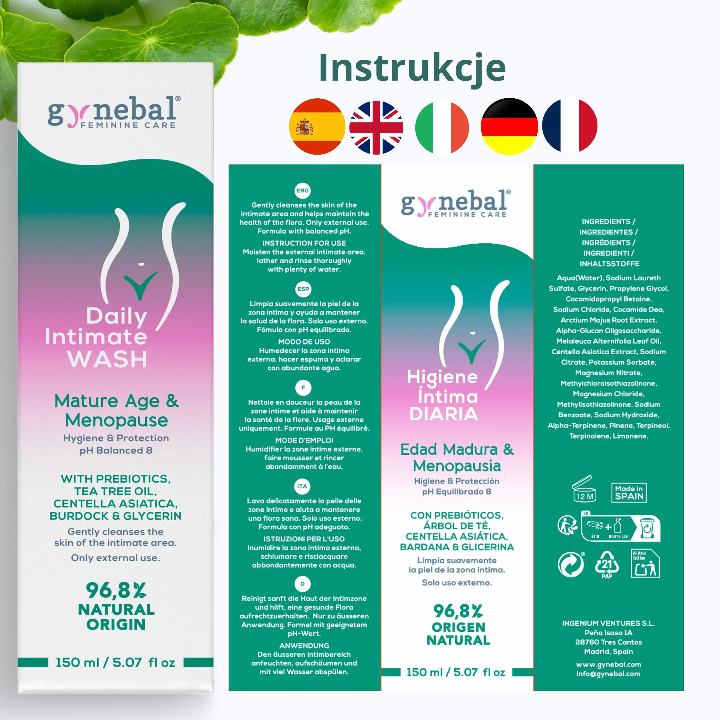 GYNEBAL Mydło intymne dla kobiet w okresie menopauzy PH8 Tea Tree + Prebiotyk + Centella Asiatica + Gliceryna + Łopian - Żel do higieny intymnej zapobiegający wysuszeniu pochwy - 150 ml