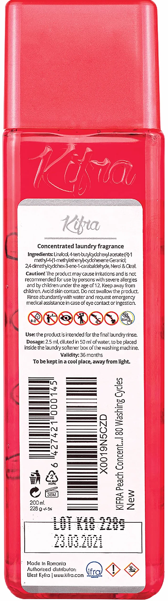 KIFRA Peach skoncentrowane perfumy do prania 200 ml, 80 cykli prania, długotrwały zapach prania