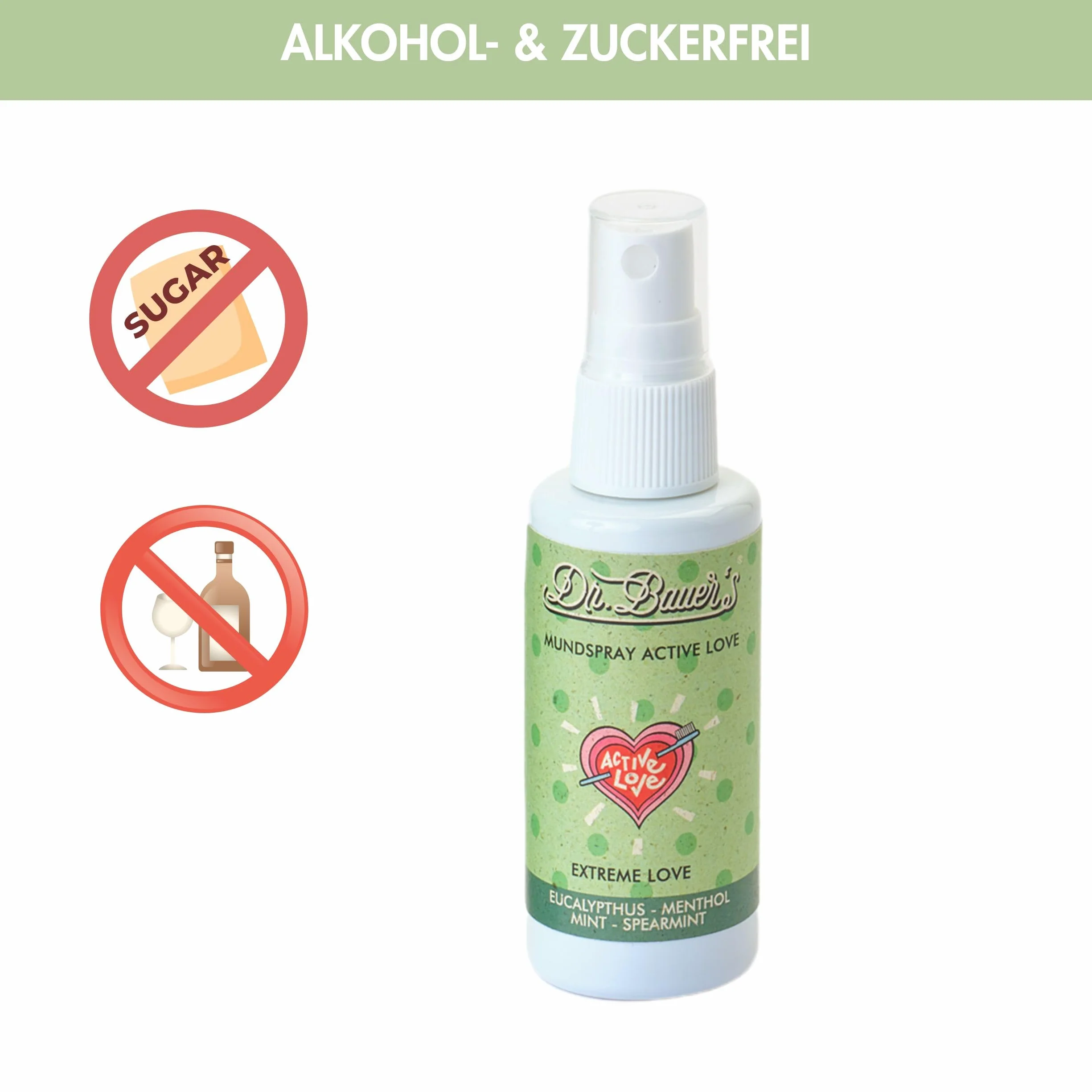 Dr. Bauer's Extreme Love Spray do ust 50 ml – mocna świeżość mięty, wegański, bez alkoholu