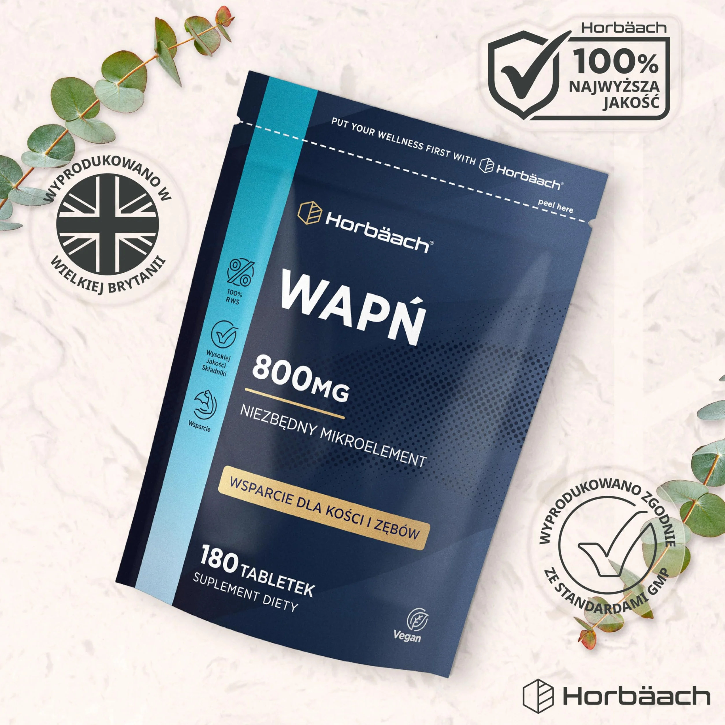 Wapń Tabletki 800mg | Wysoka Dawka Węglanu Wapnia | Suplement Dla Kobiet i Mężczyzn | 180 Wegańskich Tabletek | marki Horbaach