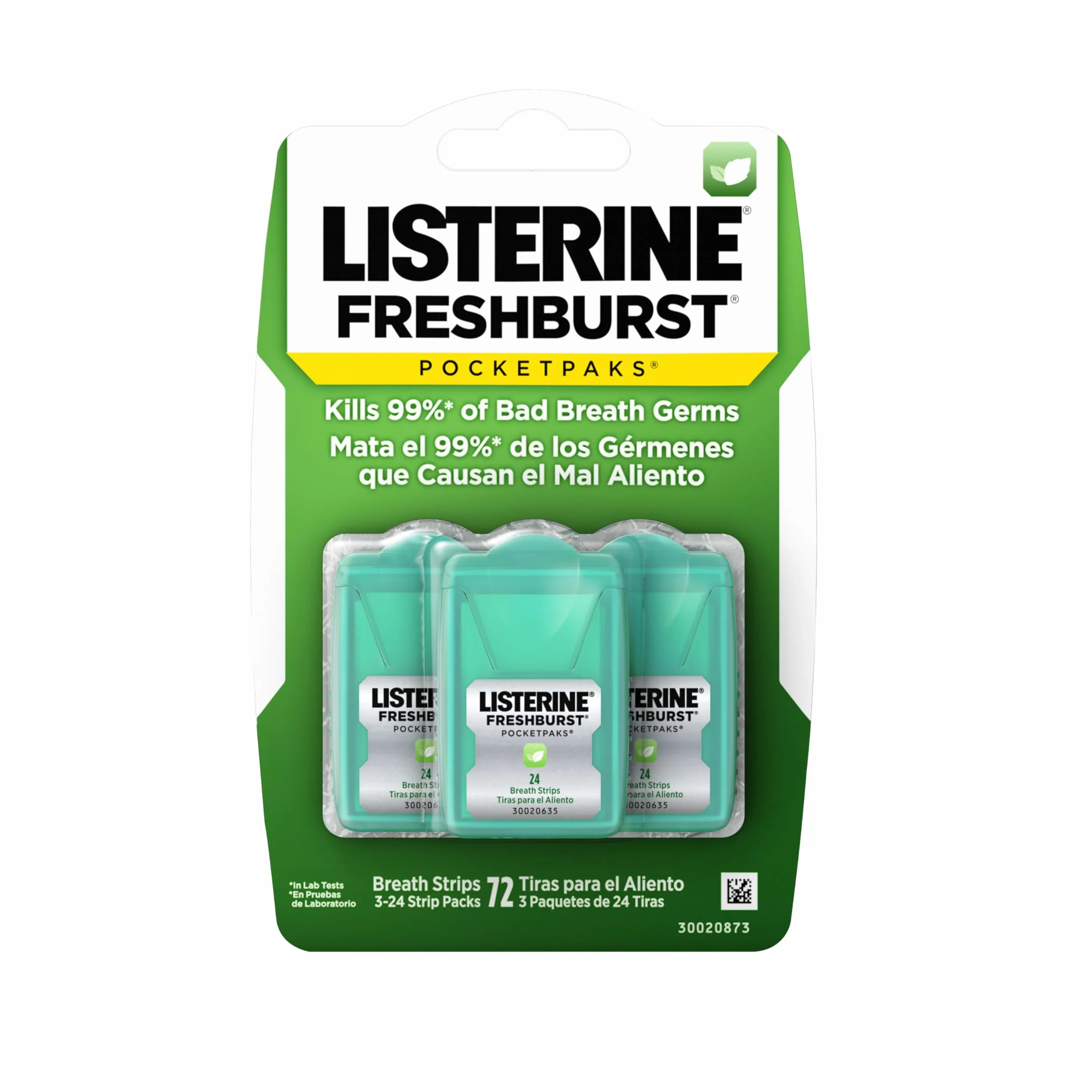 Listerine Freshburst Pocketpaks Breath Strips, Dissolving Freshener Strips Kill 99% of Germs that Cause Bad Breath, Portable for On-the-Go, Minty Flavor, 3 packs of 24-strips EachL8