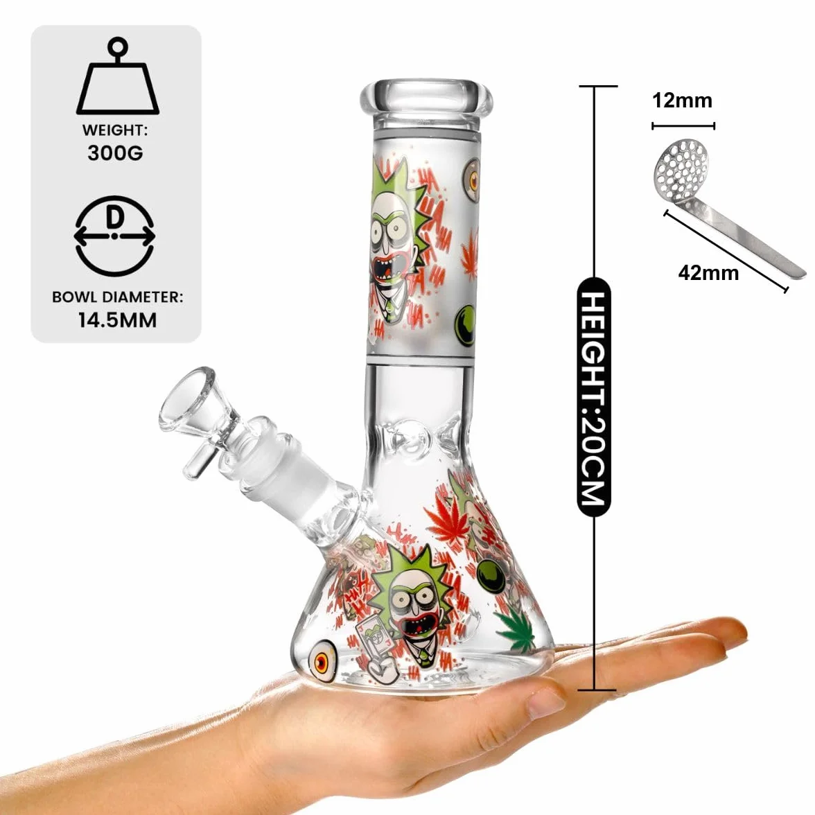 20 cm Masenyee świecące szkło bong z miską i sitkiem 14,5 mm, szkło bong, wytrzymałe i grube bong, kompaktowe do przenoszenia, fajka wodna Chillum-Fire Red