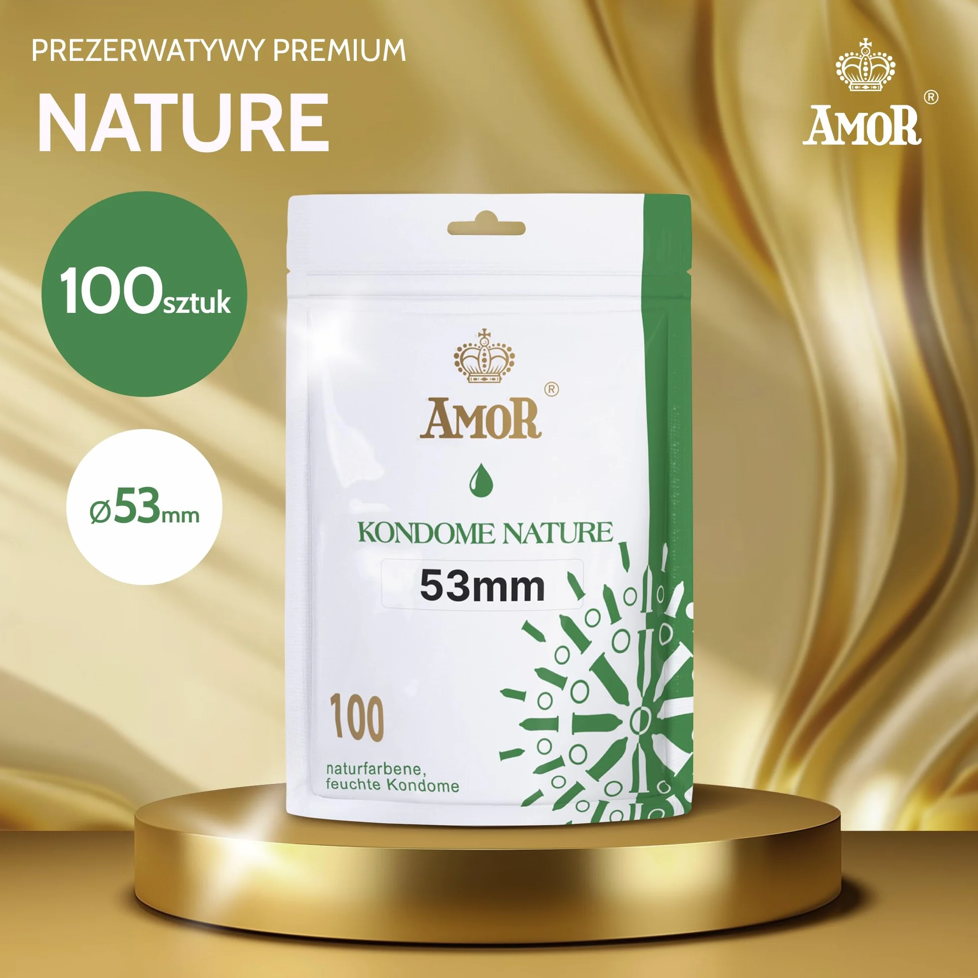 AMOR® Nature 53mm - opakowanie 100 prezerwatyw premium, autentyczne i wyjątkowo wilgotne