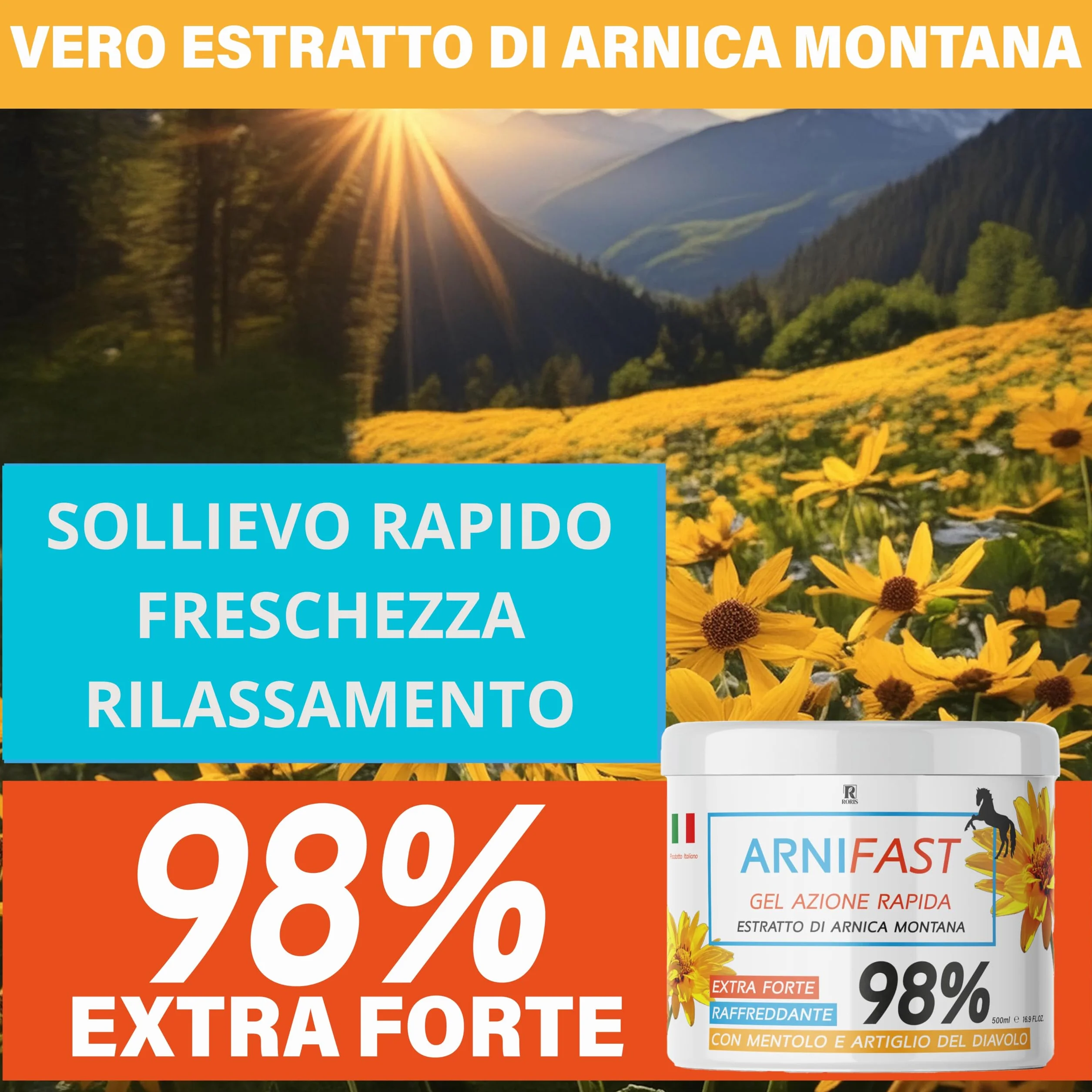 ARNIFAST arnika dla koni, 98% bardzo mocna, prawdziwy ekstrakt z arniki, szybko działający żel 500 ml, wyprodukowany we Włoszech, idealny do rozdarcia, rozciągania i masażu mięśni i stawów