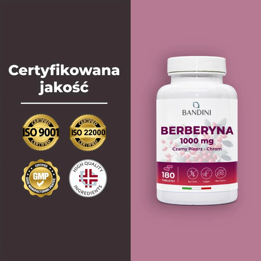 Bandini Berberine 1000mg 180 wegańskich tabletek Berberyna HCl Chrom Czarny Pieprz