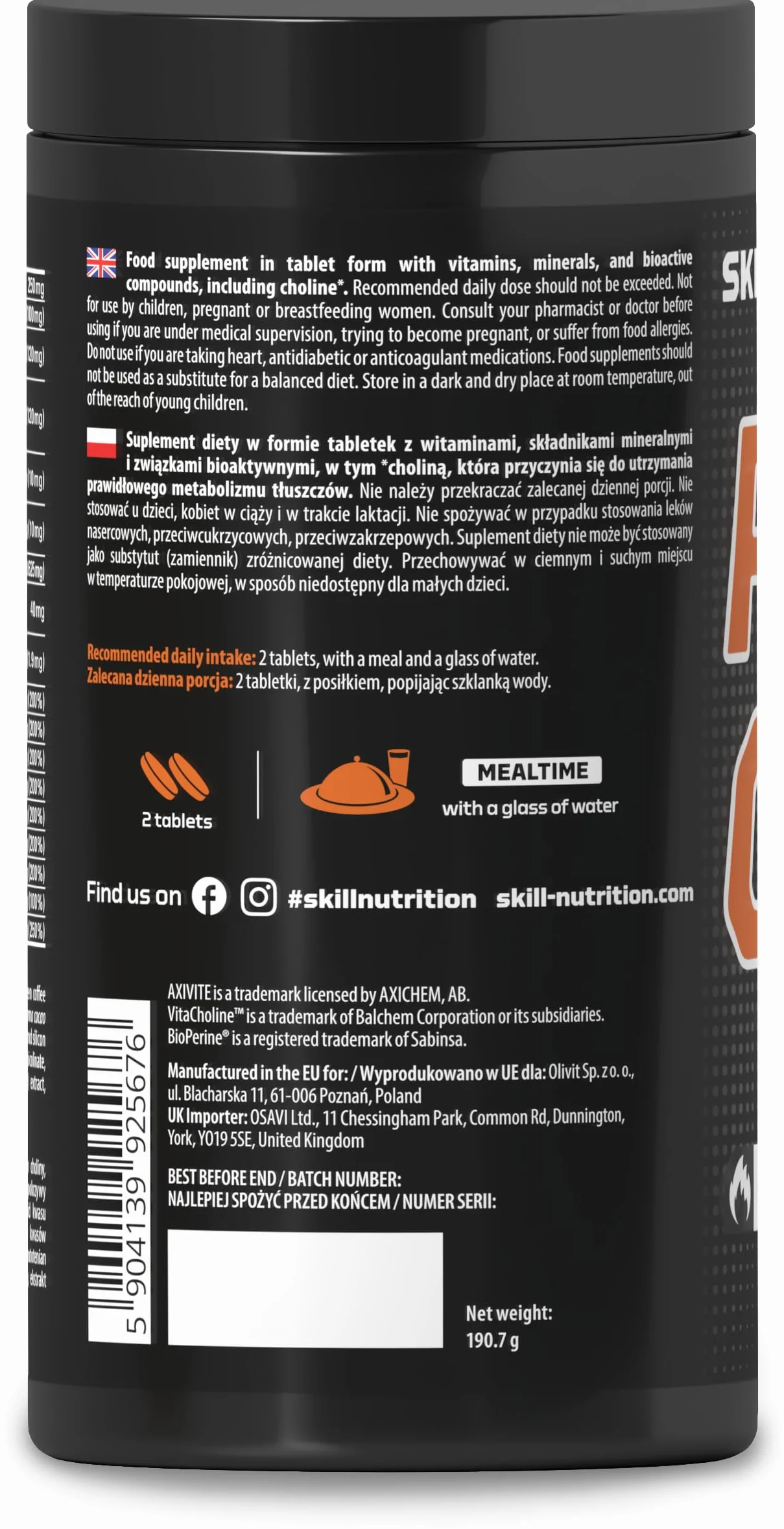 Skill Nutrition Pro Cut 180 tabletek spalanie tłuszczu zielona herbata L-karnityna CLA BioPerine® metabolizm energia