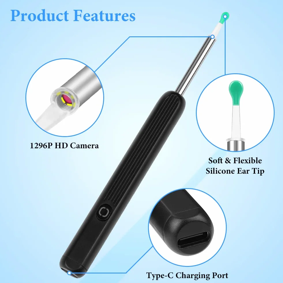 ACWOO Otoskop endoskop, Otoskop cyfrowy, endoskop do uszu, aparat uszy 1296P WIFI oczyszczacz uszu z 6 diodami LED, 4,5 mm HD endoskop ucha, zestaw do czyszczenia uszu dla iOS i Androida (czarny)